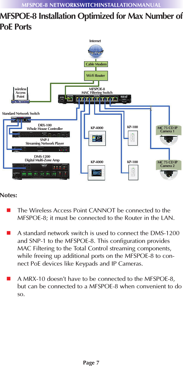 Page 7MFSPOE-8 NETWORKSWITCHINSTALLATIONMANUALMFSPOE-8 Installation Optimized for Max Number ofPoE PortsNotes: The Wireless Access Point CANNOT be connected to theMFSPOE-8; it must be connected to the Router in the LAN.A standard network switch is used to connect the DMS-1200and SNP-1 to the MFSPOE-8. This configuration providesMAC Filtering to the Total Control streaming components,while freeing up additional ports on the MFSPOE-8 to con-nect PoE devices like Keypads and IP Cameras.A MRX-10 doesn’t have to be connected to the MFSPOE-8,but can be connected to a MFSPOE-8 when convenient to doso.Cable ModemInternetWi-Fi RouterwirelessAccessPointDMS-1200MFSPOE-8MAC Filtering SwitchKP-4000 KP-100KP-100KP-4000MC 75 CD IPCamera 1MC 75 CD IPCamera 2Standard Network SwitchDRX-100Whole House ControllerSNP-1Streaming Network PlayerDMS-1200Digital Multi-Zone Amp