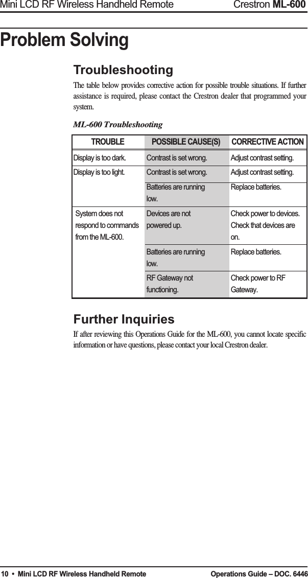 10Mini LCD RF Wireless Handheld Remote Crestron ML-600•  Mini LCD RF Wireless Handheld Remote  Operations Guide – DOC. 6446Further InquiriesIf after reviewing this Operations Guide for the ML-600, you cannot locate specificinformation or have questions, please contact your local Crestron dealer.TroubleshootingThe table below provides corrective action for possible trouble situations. If furtherassistance is required, please contact the Crestron dealer that programmed yoursystem. ML-600 TroubleshootingProblem SolvingTROUBLE  POSSIBLE CAUSE(S)  CORRECTIVE ACTIONDisplay is too dark. Contrast is set wrong.  Adjust contrast setting.Display is too light. Contrast is set wrong. Adjust contrast setting.Batteries are running Replace batteries.low.System does not Devices are not Check power to devices.respond to commands powered up. Check that devices arefrom the ML-600. on.Batteries are running Replace batteries.low.RF Gateway not Check power to RFfunctioning. Gateway.