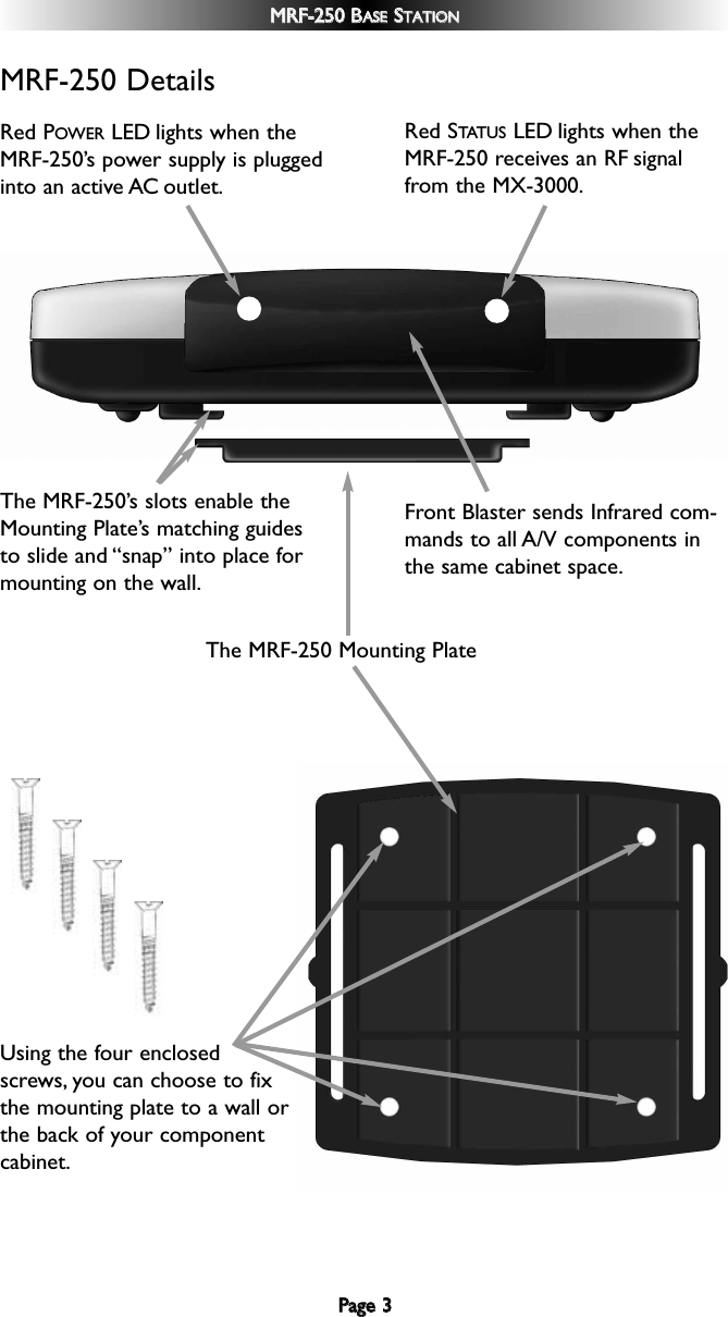 PPaaggee  33MMRRFF--225500  BBAASSEESSTTAATTIIOONNThe MRF-250’s slots enable theMounting Plate’s matching guidesto slide and “snap” into place formounting on the wall.Using the four enclosedscrews, you can choose to fixthe mounting plate to a wall orthe back of your componentcabinet.Front Blaster sends Infrared com-mands to all A/V components inthe same cabinet space.The MRF-250 Mounting Plate MRF-250 DetailsRed POWER LED lights when theMRF-250’s power supply is pluggedinto an active AC outlet.Red STATUS LED lights when theMRF-250 receives an RF signalfrom the MX-3000.