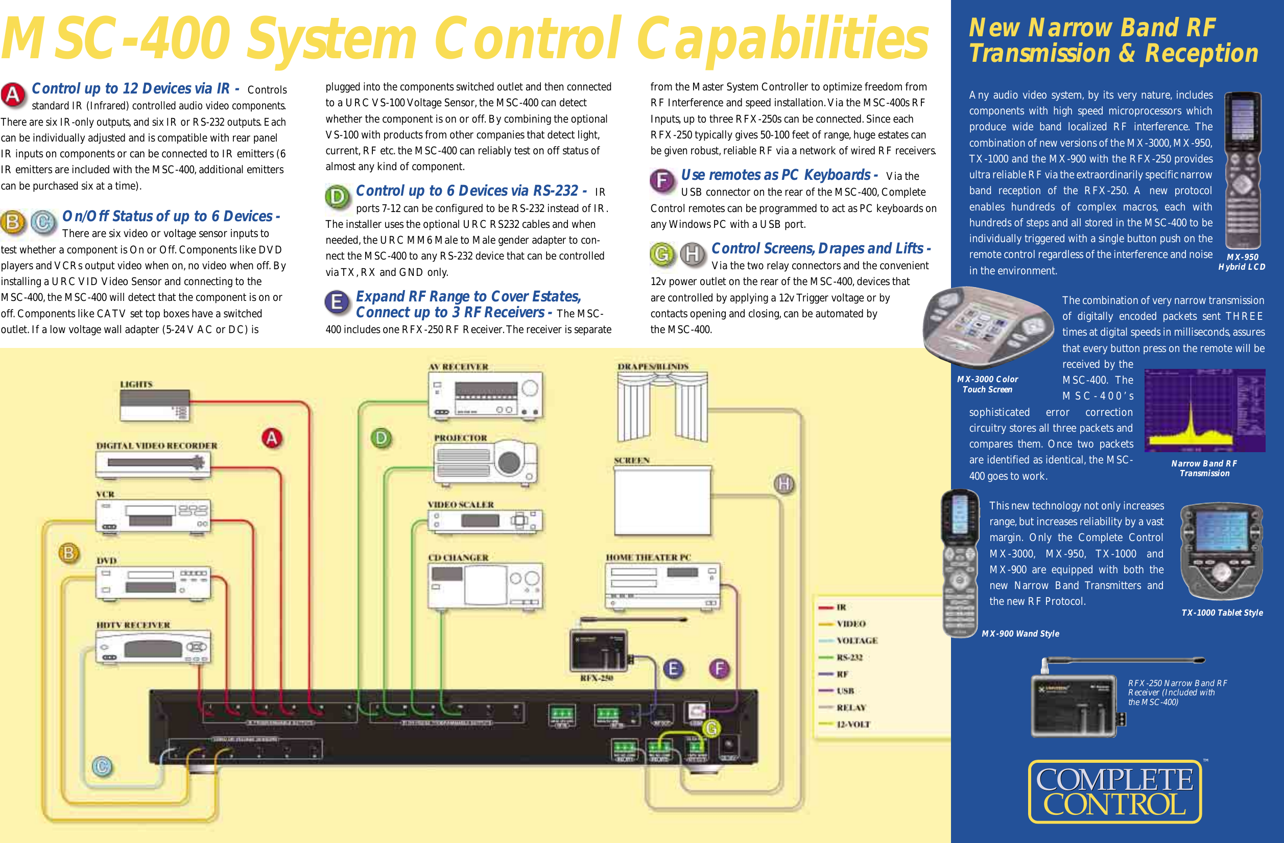 Control up to 12 Devices via IR - Controlsstandard IR (Infrared) controlled audio video components.There are six IR-only outputs, and six IR or RS-232 outputs. Eachcan be individually adjusted and is compatible with rear panelIR inputs on components or can be connected to IR emitters (6IR emitters are included with the MSC-400,additional emitterscan be purchased six at a time).On/Off Status of up to 6 Devices -There are six video or voltage sensor inputs totest whether a component is On or Off.Components like DVDplayers and VCRs output video when on,no video when off.Byinstalling a URC VID Video Sensor and connecting to theMSC-400,the MSC-400 will detect that the component is on oroff.Components like CATV set top boxes have a switched outlet.If a low voltage wall adapter (5-24 V AC or DC) isplugged into the components switched outlet and then connectedto a URC VS-100 Voltage Sensor, the MSC-400 can detectwhether the component is on or off.By combining the optionalVS-100 with products from other companies that detect light,current,RF etc.the MSC-400 can reliably test on off status ofalmost any kind of component.Control up to 6 Devices via RS-232 - IRports 7-12 can be configured to be RS-232 instead of IR.The installer uses the optional URC RS232 cables and whenneeded,the URC MM6 Male to Male gender adapter to con-nect the MSC-400 to any RS-232 device that can be controlledvia TX,RX and GND only.Expand RF Range to Cover Estates,Connect up to 3 RF Receivers - The MSC-400 includes one RFX-250 RF Receiver.The receiver is separatefrom the Master System Controller to optimize freedom fromRF Interference and speed installation.Via the MSC-400s RFInputs,up to three RFX-250s can be connected.Since eachRFX-250 typically gives 50-100 feet of range, huge estates canbe given robust,reliable RF via a network of wired RF receivers.Use remotes as PC Keyboards - Via theUSB connector on the rear of the MSC-400,CompleteControl remotes can be programmed to act as PC keyboards onany Windows PC with a USB port.Control Screens,Drapes and Lifts -Via the two relay connectors and the convenient12v power outlet on the rear of the MSC-400,devices thatare controlled by applying a 12v Trigger voltage or by contacts opening and closing,can be automated by the MSC-400.New Narrow Band RFTransmission &amp; ReceptionAny audio video system, by its very nature, includescomponents with high speed microprocessors whichproduce wide band localized RF interference. The combination of new versions of the MX-3000,MX-950,TX-1000 and the MX-900 with the RFX-250 providesultra reliable RF via the extraordinarily specific narrowband reception of the RFX-250. A new protocolenables hundreds of complex macros, each with hundreds of steps and all stored in the MSC-400 to beindividually triggered with a single button push on theremote control regardless of the interference and noisein the environment.The combination of very narrow transmissionof digitally encoded packets sent THREEtimes at digital speeds in milliseconds,assuresthat every button press on the remote will bereceived by theMSC-400. TheMSC-400’ssophisticated error correction circuitry stores all three packets andcompares them. Once two packetsare identified as identical, the MSC-400 goes to work.This new technology not only increasesrange,but increases reliability by a vastmargin. Only the Complete ControlMX-3000, MX-950, TX-1000 and MX-900 are equipped with both thenew Narrow Band Transmitters and the new RF Protocol.MX-3000 ColorTouch ScreenNarrow Band RFTransmissionTX-1000 Tablet StyleRFX-250 Narrow Band RFReceiver (Included withthe MSC-400)MX-950Hybrid LCDMX-900 Wand StyleCOMPLETE ™CONTROLCOMPLETEMSC-400 System Control Capabilities