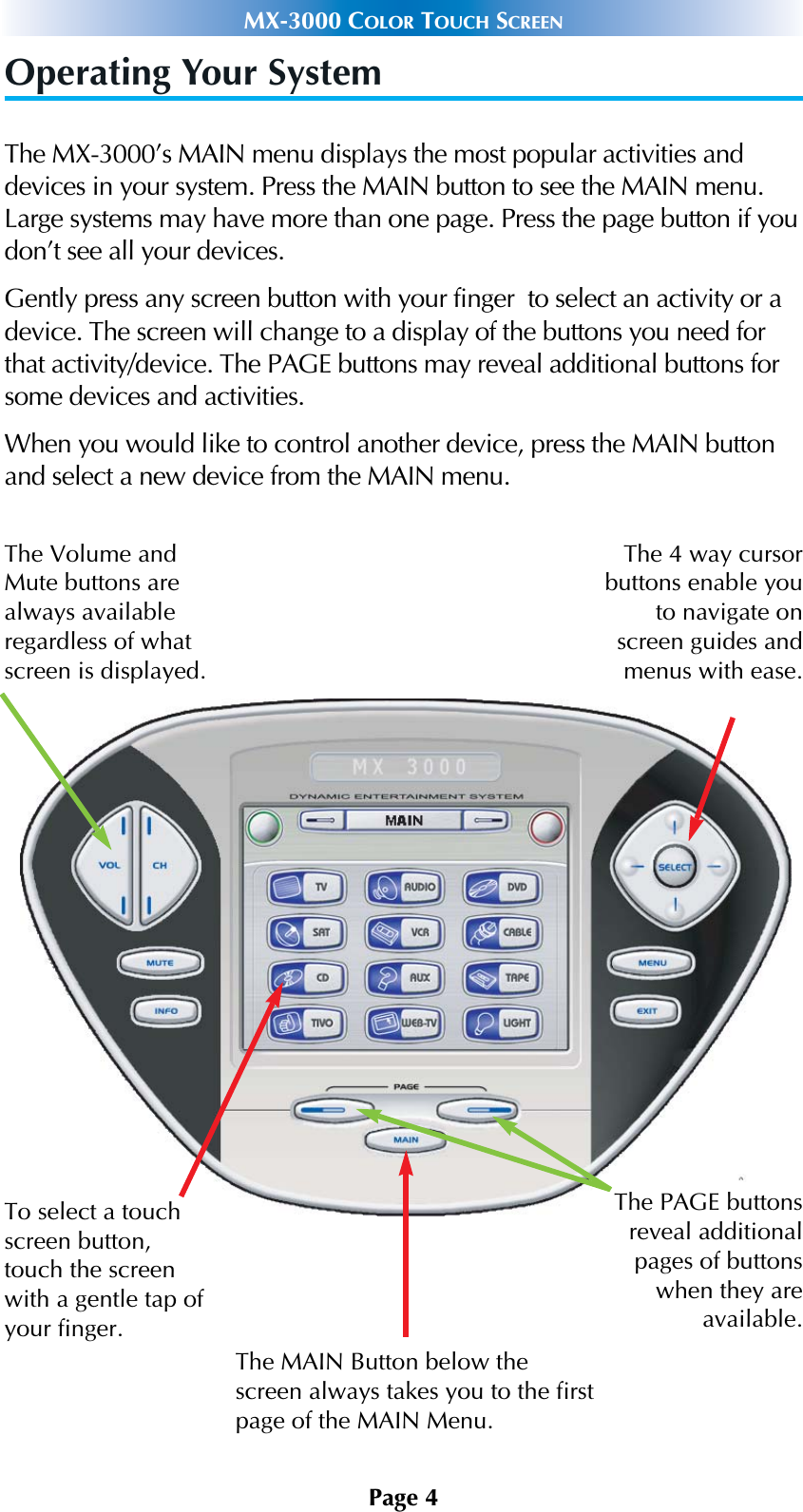 Operating Your SystemThe MX-3000’s MAIN menu displays the most popular activities anddevices in your system. Press the MAIN button to see the MAIN menu.Large systems may have more than one page. Press the page button if youdon’t see all your devices.Gently press any screen button with your finger  to select an activity or adevice. The screen will change to a display of the buttons you need forthat activity/device. The PAGE buttons may reveal additional buttons forsome devices and activities.When you would like to control another device, press the MAIN buttonand select a new device from the MAIN menu.Page 4MX-3000 COLOR TOUCH SCREENThe PAGE buttonsreveal additionalpages of buttonswhen they areavailable.The Volume andMute buttons arealways availableregardless of whatscreen is displayed.To select a touchscreen button,touch the screenwith a gentle tap ofyour finger.The 4 way cursorbuttons enable youto navigate onscreen guides andmenus with ease.The MAIN Button below thescreen always takes you to the firstpage of the MAIN Menu.