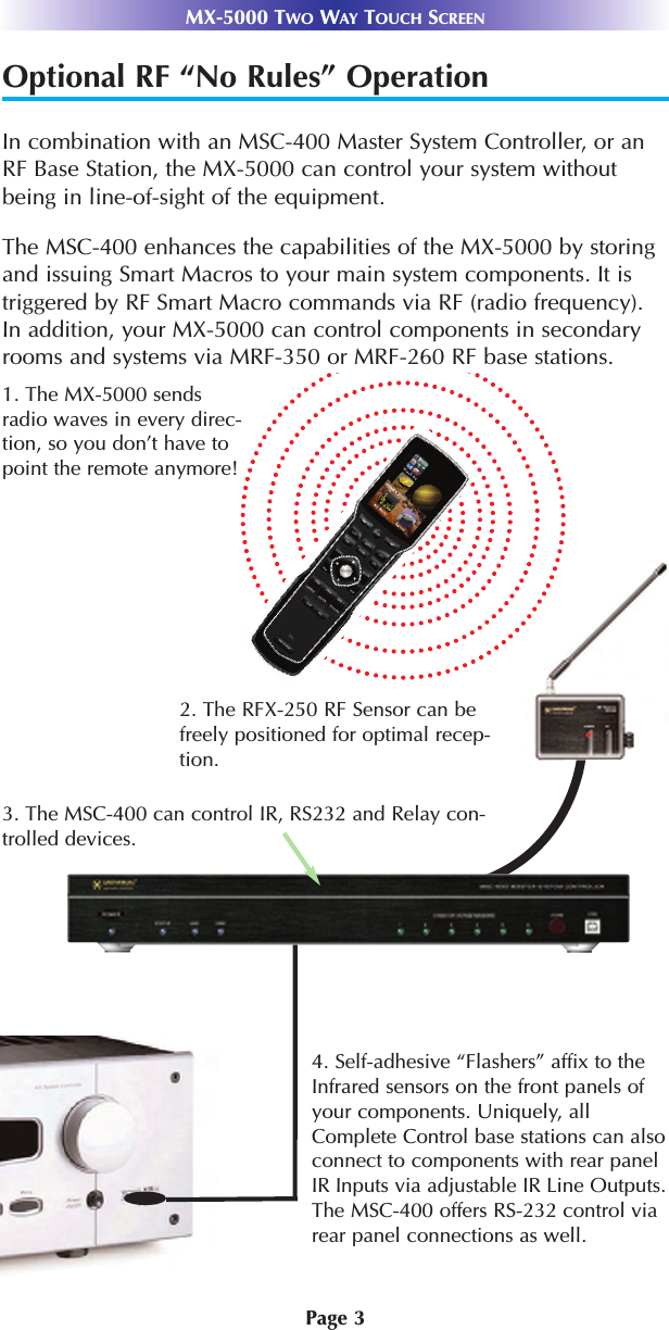 Page 3MX-5000 TWO WAY TOUCH SCREEN4. Self-adhesive “Flashers” affix to theInfrared sensors on the front panels ofyour components. Uniquely, allComplete Control base stations can alsoconnect to components with rear panelIR Inputs via adjustable IR Line Outputs.The MSC-400 offers RS-232 control viarear panel connections as well.3. The MSC-400 can control IR, RS232 and Relay con-trolled devices. 1. The MX-5000 sendsradio waves in every direc-tion, so you don’t have topoint the remote anymore! 2. The RFX-250 RF Sensor can befreely positioned for optimal recep-tion.Optional RF “No Rules” OperationIn combination with an MSC-400 Master System Controller, or anRF Base Station, the MX-5000 can control your system withoutbeing in line-of-sight of the equipment. The MSC-400 enhances the capabilities of the MX-5000 by storingand issuing Smart Macros to your main system components. It istriggered by RF Smart Macro commands via RF (radio frequency).In addition, your MX-5000 can control components in secondaryrooms and systems via MRF-350 or MRF-260 RF base stations.