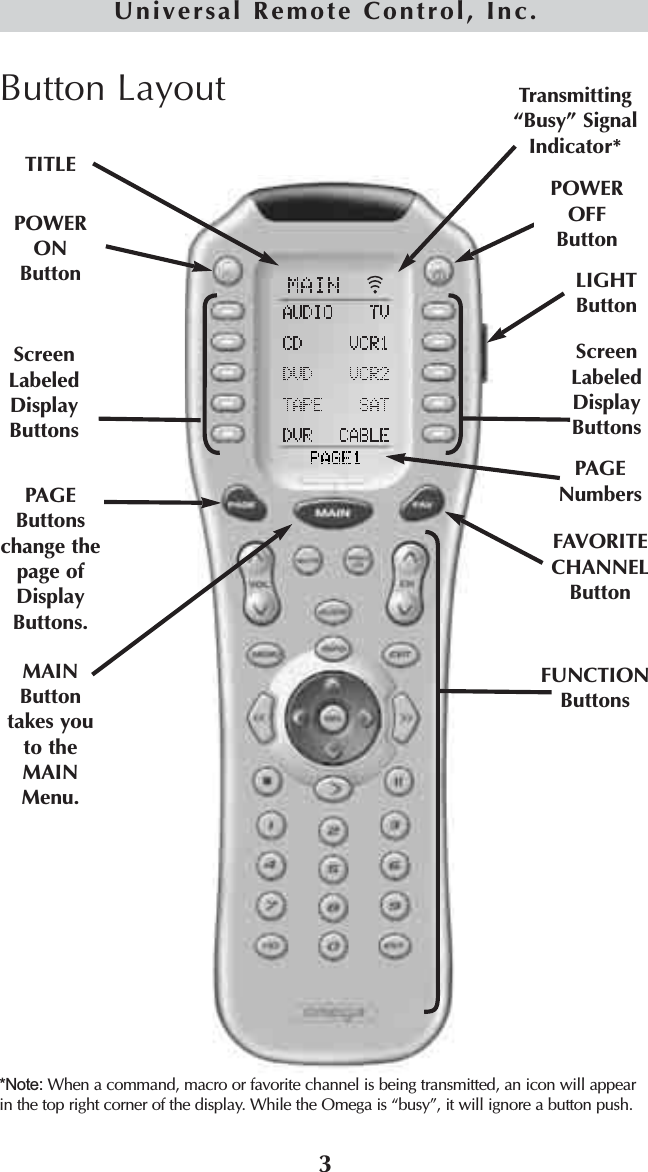 3Universal Remote Control, Inc.MAINButtontakes youto theMAINMenu.ScreenLabeledDisplayButtonsScreenLabeledDisplayButtonsLIGHTButtonPAGENumbersFUNCTIONButtonsTITLEPOWERONButtonFAVORITECHANNELButtonPAGEButtonschange thepage ofDisplayButtons.Button Layout Transmitting“Busy” SignalIndicator**Note: When a command, macro or favorite channel is being transmitted, an icon will appearin the top right corner of the display. While the Omega is “busy”, it will ignore a button push.POWEROFFButton