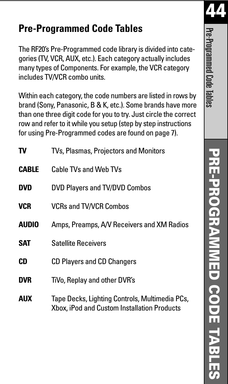 44PRE-PROGRAMMED CODE TABLESPre-Programmed Code TablesPre-Programmed Code TablesThe RF20’s Pre-Programmed code library is divided into cate-gories (TV, VCR, AUX, etc.). Each category actually includesmany types of Components. For example, the VCR categoryincludes TV/VCR combo units.Within each category, the code numbers are listed in rows bybrand (Sony, Panasonic, B &amp; K, etc.). Some brands have morethan one three digit code for you to try. Just circle the correctrow and refer to it while you setup (step by step instructions for using Pre-Programmed codes are found on page 7).  TV TVs, Plasmas, Projectors and MonitorsCABLE Cable TVs and Web TVsDVD DVD Players and TV/DVD CombosVCR VCRs and TV/VCR Combos AUDIO Amps, Preamps, A/V Receivers and XM RadiosSAT Satellite ReceiversCD CD Players and CD Changers DVR TiVo, Replay and other DVR’sAUX Tape Decks, Lighting Controls, Multimedia PCs, Xbox, iPod and Custom Installation Products