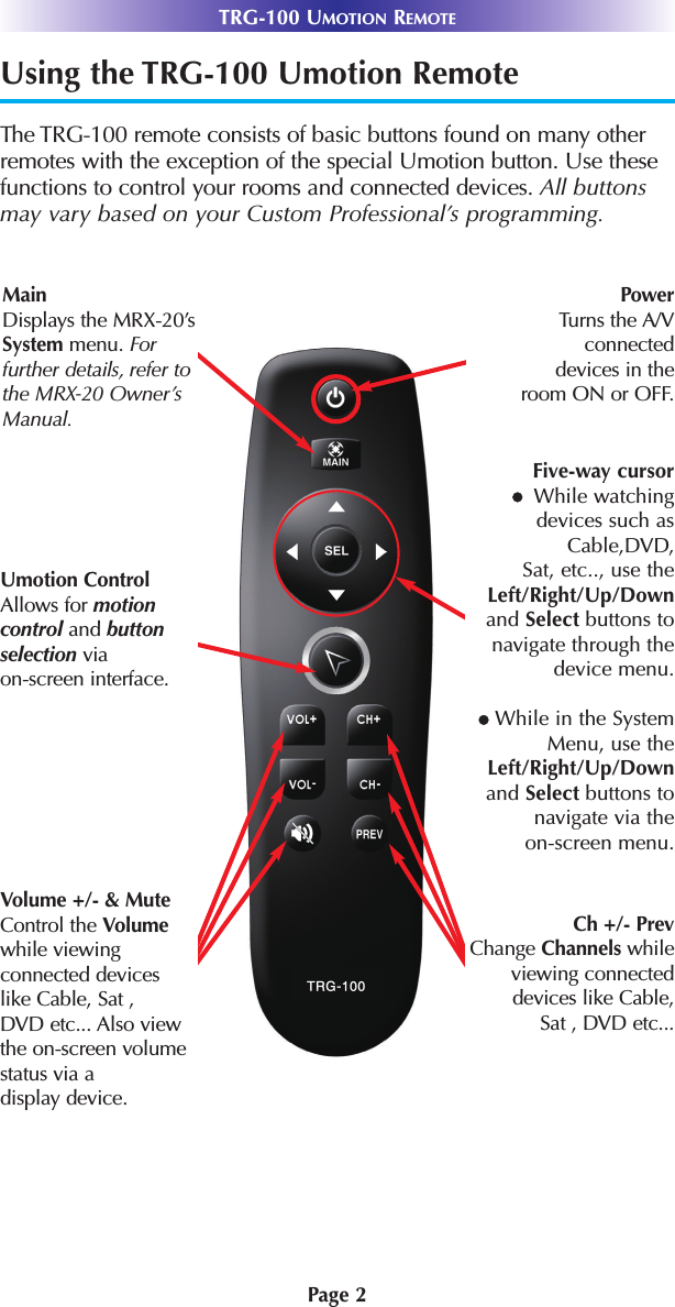 Using the TRG-100 Umotion RemoteThe TRG-100 remote consists of basic buttons found on many otherremotes with the exception of the special Umotion button. Use thesefunctions to control your rooms and connected devices. All buttonsmay vary based on your Custom Professional’s programming.TRG-100 UMOTION REMOTEPage 2Umotion ControlAllows for motioncontrol and buttonselection via  on-screen interface.Five-way cursorlWhile watchingdevices such asCable,DVD, Sat, etc.., use theLeft/Right/Up/Downand Select buttons tonavigate through thedevice menu.lWhile in the SystemMenu, use theLeft/Right/Up/Downand Select buttons tonavigate via the on-screen menu.Ch +/- PrevChange Channels whileviewing connecteddevices like Cable, Sat , DVD etc...Volume +/- &amp; MuteControl the Volumewhile viewing connected deviceslike Cable, Sat , DVD etc... Also viewthe on-screen volume status via a display device.MainDisplays the MRX-20’sSystem menu. For further details, refer tothe MRX-20 Owner’sManual.PowerTurns the A/Vconnected devices in the room ON or OFF.