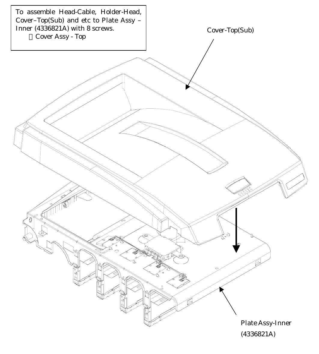       Plate Assy-Inner (4336821A) Cover-Top(Sub) To assemble Head-Cable, Holder-Head,Cover–Top(Sub) and etc to Plate Assy –Inner (4336821A) with 8 screws. ※Cover Assy - Top 
