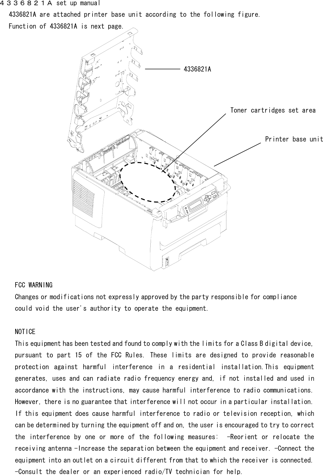 ４３３６８２１Ａ set up manual    4336821A are attached printer base unit according to the following figure.     Function of 4336821A is next page.                   FCC WARNING Changes or modifications not expressly approved by the party responsible for compliancecould void the user&apos;s authority to operate the equipment.  NOTICE This equipment has been tested and found to comply with the limits for a Class B digital device,pursuant to part 15 of  the FCC  Rules. These limits are  designed to  provide  reasonableprotection  against  harmful  interference  in  a  residential  installation.This  equipmentgenerates, uses and can radiate radio frequency energy and, if not installed and used inaccordance with the instructions, may cause harmful interference to radio communications.However, there is no guarantee that interference will not occur in a particular installation.If this equipment does cause harmful interference to radio or television reception, whichcan be determined by turning the equipment off and on, the user is encouraged to try to correctthe interference by one  or more  of the  following measures:  -Reorient or  relocate thereceiving antenna -Increase the separation between the equipment and receiver. -Connect theequipment into an outlet on a circuit different from that to which the receiver is connected.-Consult the dealer or an experienced radio/TV technician for help.   4336821A Printer base unit Toner cartridges set area 