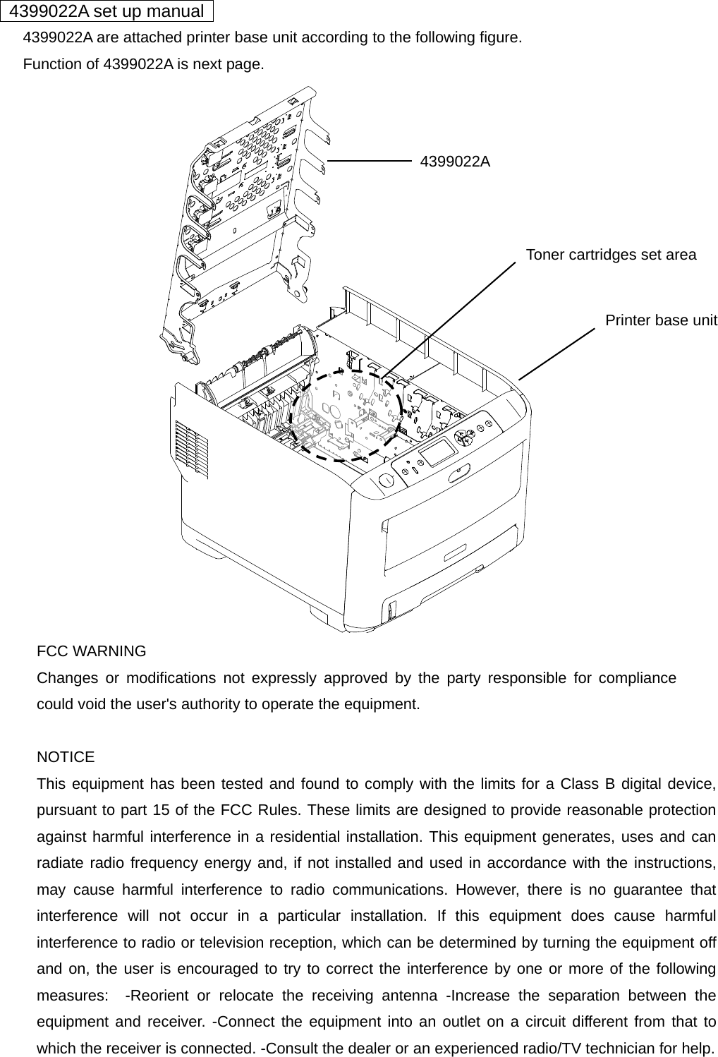   4399022A set up manual         4399022A are attached printer base unit according to the following figure.         Function of 4399022A is next page.  Printer base unit Toner cartridges set area 4399022A FCC WARNING Changes or modifications not expressly approved by the party responsible for compliance could void the user&apos;s authority to operate the equipment.  NOTICE This equipment has been tested and found to comply with the limits for a Class B digital device, pursuant to part 15 of the FCC Rules. These limits are designed to provide reasonable protection against harmful interference in a residential installation. This equipment generates, uses and can radiate radio frequency energy and, if not installed and used in accordance with the instructions, may cause harmful interference to radio communications. However, there is no guarantee that interference will not occur in a particular installation. If this equipment does cause harmful interference to radio or television reception, which can be determined by turning the equipment off and on, the user is encouraged to try to correct the interference by one or more of the following measures:  -Reorient or relocate the receiving antenna -Increase the separation between the equipment and receiver. -Connect the equipment into an outlet on a circuit different from that to which the receiver is connected. -Consult the dealer or an experienced radio/TV technician for help.                     