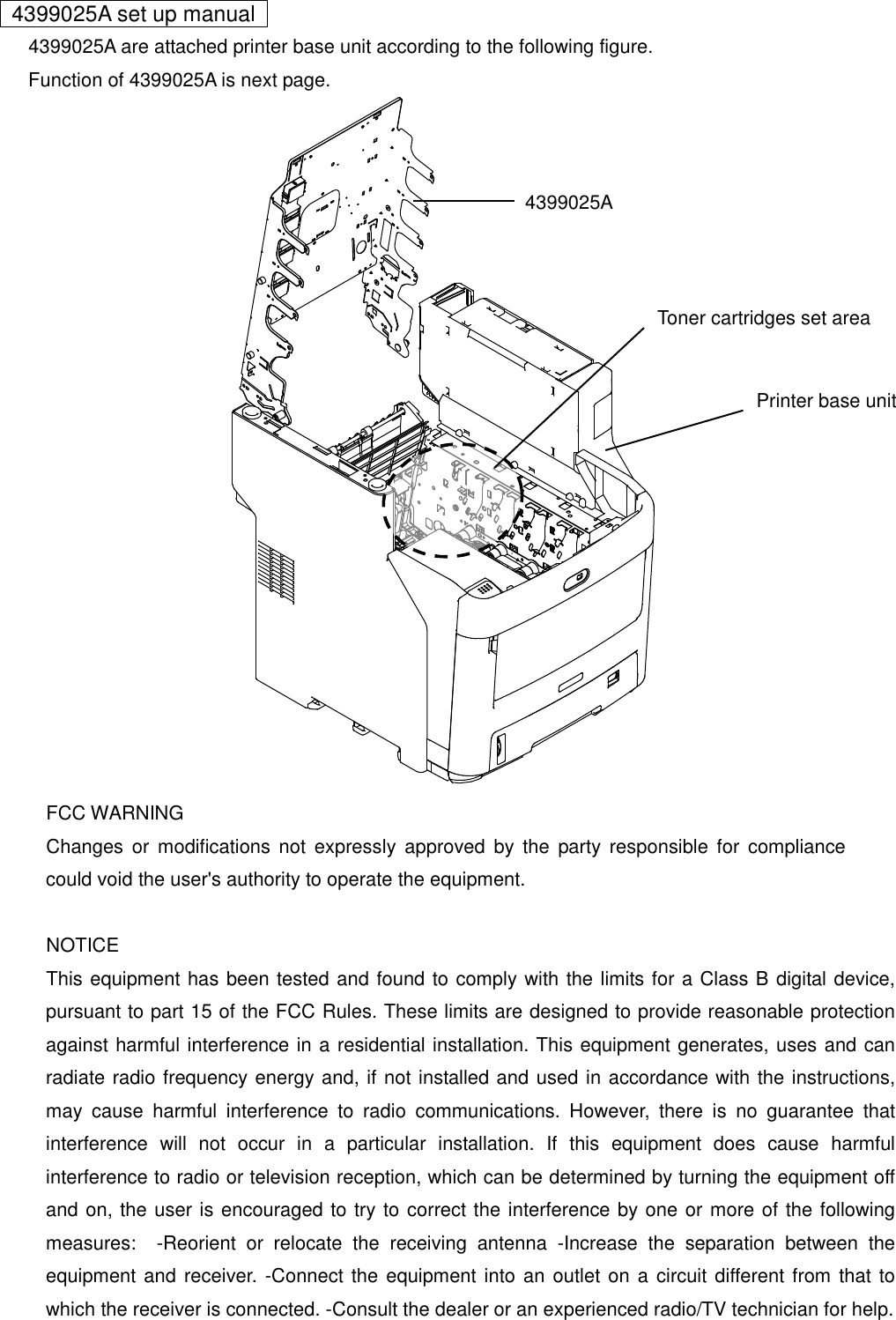  4399025A set up manual      4399025A are attached printer base unit according to the following figure.      Function of 4399025A is next page.                   FCC WARNING Changes or  modifications  not  expressly approved by  the  party  responsible  for  compliance could void the user&apos;s authority to operate the equipment.  NOTICE This equipment has been tested and found to comply with the limits for a Class B digital device, pursuant to part 15 of the FCC Rules. These limits are designed to provide reasonable protection against harmful interference in a residential installation. This equipment generates, uses and can radiate radio frequency energy and, if not installed and used in accordance with the instructions, may  cause  harmful  interference  to  radio  communications.  However,  there  is  no  guarantee  that interference  will  not  occur  in  a  particular  installation.  If  this  equipment  does  cause  harmful interference to radio or television reception, which can be determined by turning the equipment off and on, the user is encouraged to try to correct the interference by one or more of the following measures:    -Reorient  or  relocate  the  receiving  antenna  -Increase  the  separation  between  the equipment and receiver. -Connect the equipment into an outlet on a circuit different from that to which the receiver is connected. -Consult the dealer or an experienced radio/TV technician for help.    4399025A Printer base unit Toner cartridges set area 