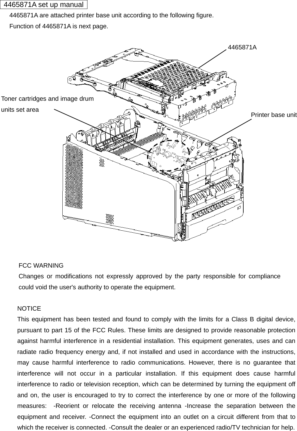   4465871A set up manual         4465871A are attached printer base unit according to the following figure.         Function of 4465871A is next page.    FCC WARNING Changes or modifications not expressly approved by the party responsible for compliance could void the user&apos;s authority to operate the equipment.  NOTICE This equipment has been tested and found to comply with the limits for a Class B digital device, pursuant to part 15 of the FCC Rules. These limits are designed to provide reasonable protection against harmful interference in a residential installation. This equipment generates, uses and can radiate radio frequency energy and, if not installed and used in accordance with the instructions, may cause harmful interference to radio communications. However, there is no guarantee that interference will not occur in a particular installation. If this equipment does cause harmful interference to radio or television reception, which can be determined by turning the equipment off and on, the user is encouraged to try to correct the interference by one or more of the following measures:  -Reorient or relocate the receiving antenna -Increase the separation between the equipment and receiver. -Connect the equipment into an outlet on a circuit different from that to which the receiver is connected. -Consult the dealer or an experienced radio/TV technician for help.    4465871A Toner cartridges and image drum units set area  Printer base unit 
