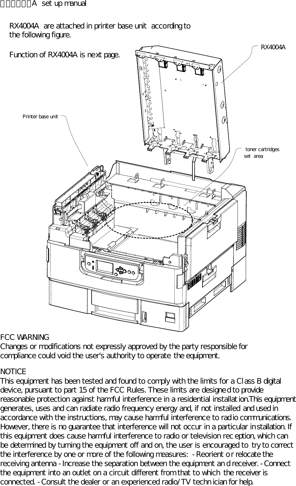 ＲＸ４００４A set up manual RX4004A  are attached in printer base unit  according tothe following figure.FCC WARNINGChanges or modifications not expressly approved by the party responsible forcompliance could void the user&apos;s authority to operate the equipment.NOTICEThis equipment has been tested and found to comply with the limits for a Class B digitaldevice, pursuant to part 15 of the FCC Rules. These limits are designed to providereasonable protection against harmful interference in a residential installation.This equipmentgenerates, uses and can radiate radio frequency energy and, if not installed and used inaccordance with the instructions, may cause harmful interference to radio communications.However, there is no guarantee that interference will not occur in a particular installation. Ifthis equipment does cause harmful interference to radio or television reception, which canbe determined by turning the equipment off and on, the user is encouraged to try to correctthe interference by one or more of the following measures:  -Reorient or relocate thereceiving antenna -Increase the separation between the equipment an d receiver. -Connectthe equipment into an outlet on a circuit different from that to which the receiver isconnected. -Consult the dealer or an experienced radio/TV techn ician for help.RX4004A toner cartridgesset  areaFunction of RX4004A is next page.Printer base unitPrinter base unit