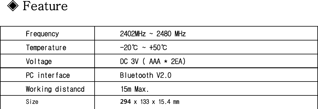 Frequency2402MHz ~ 2480 MHz◈FeatureqyTemperature -20℃ ~ +50℃Voltage DC 3V ( AAA * 2EA)PC interface Bluetooth V2.0 Working distancd 15m Max.Size 294 x 133 x 15.4 mm