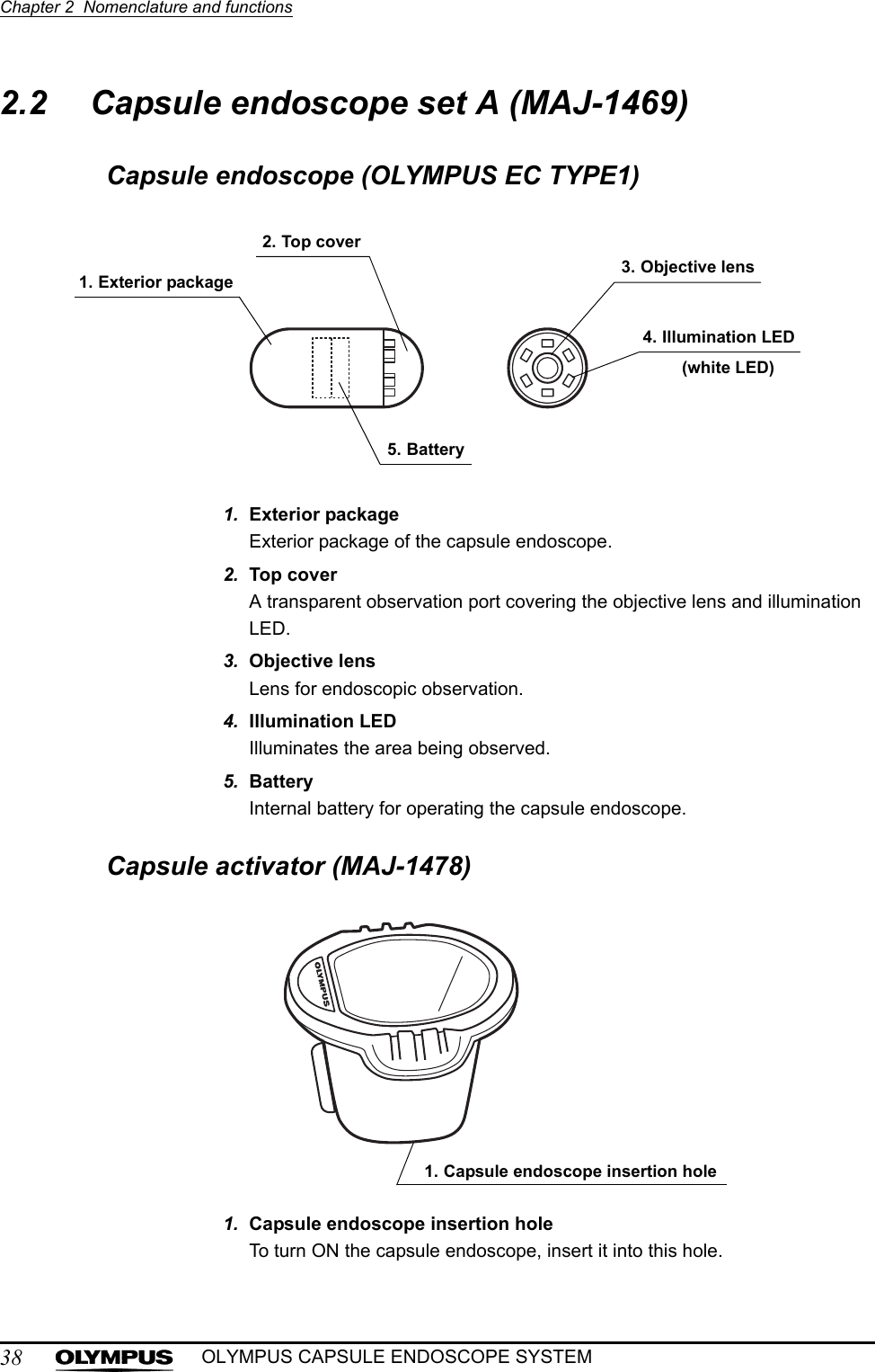 38Chapter 2  Nomenclature and functionsOLYMPUS CAPSULE ENDOSCOPE SYSTEM2.2 Capsule endoscope set A (MAJ-1469)Capsule endoscope (OLYMPUS EC TYPE1)1. Exterior packageExterior package of the capsule endoscope.2. Top coverA transparent observation port covering the objective lens and illumination LED.3. Objective lensLens for endoscopic observation.4. Illumination LEDIlluminates the area being observed.5. BatteryInternal battery for operating the capsule endoscope.Capsule activator (MAJ-1478)1. Capsule endoscope insertion holeTo turn ON the capsule endoscope, insert it into this hole.1. Exterior package2. Top cover5. Battery3. Objective lens4. Illumination LED(white LED)1. Capsule endoscope insertion hole