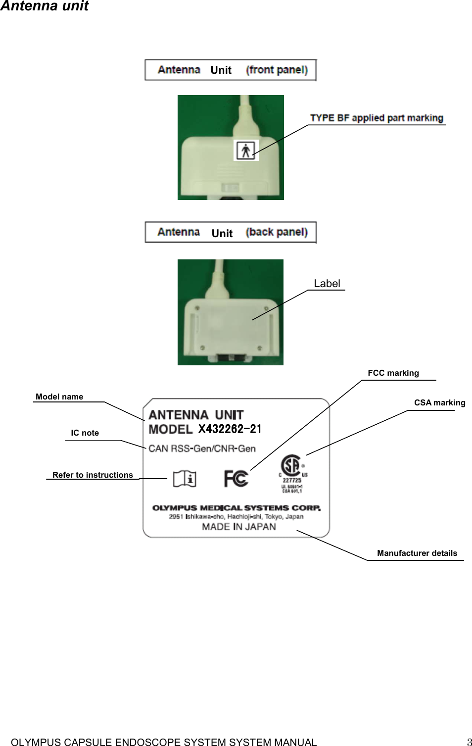     OLYMPUS CAPSULE ENDOSCOPE SYSTEM SYSTEM MANUAL                            3 Antenna unit                                       X432262-21X432262-21X432262-21X432262-21Label Label Unit Unit Model name Manufacturer details IC note Refer to instructions FCC marking CSA marking 