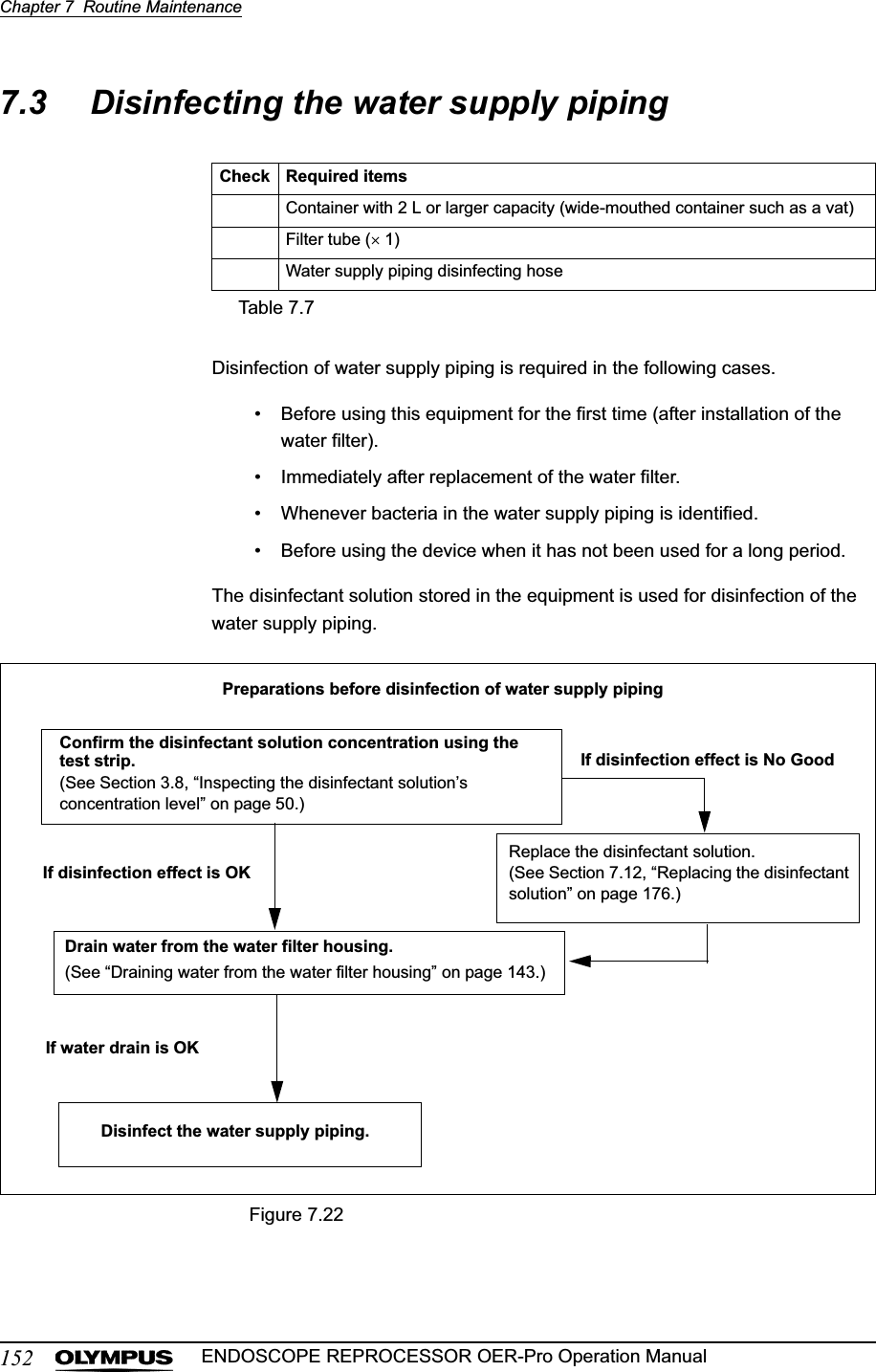 152Chapter 7  Routine MaintenanceENDOSCOPE REPROCESSOR OER-Pro Operation Manual7.3 Disinfecting the water supply pipingDisinfection of water supply piping is required in the following cases.• Before using this equipment for the first time (after installation of the water filter).• Immediately after replacement of the water filter.• Whenever bacteria in the water supply piping is identified.• Before using the device when it has not been used for a long period.The disinfectant solution stored in the equipment is used for disinfection of the water supply piping.Figure 7.22Check Required itemsContainer with 2 L or larger capacity (wide-mouthed container such as a vat)Filter tube (u 1)Water supply piping disinfecting hoseTable 7.7(See Section 3.8, “Inspecting the disinfectant solution’s concentration level” on page 50.)Preparations before disinfection of water supply pipingIf disinfection effect is No GoodIf disinfection effect is OKReplace the disinfectant solution.(See Section 7.12, “Replacing the disinfectant solution” on page 176.)If water drain is OKDisinfect the water supply piping.(See “Draining water from the water filter housing” on page 143.)Drain water from the water filter housing.Confirm the disinfectant solution concentration using the test strip.