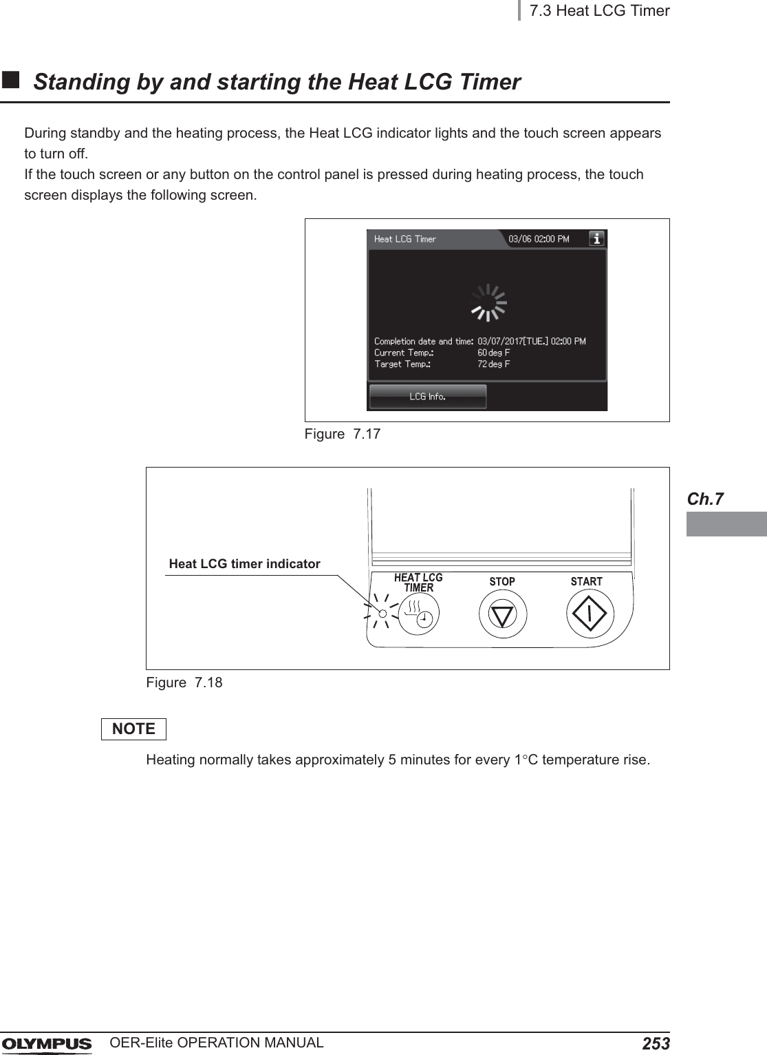 7.3 Heat LCG Timer253OER-Elite OPERATION MANUALCh.7Standing by and starting the Heat LCG TimerDuring standby and the heating process, the Heat LCG indicator lights and the touch screen appears to turn off.If the touch screen or any button on the control panel is pressed during heating process, the touch screen displays the following screen.Figure 7.17Figure 7.18NOTEHeating normally takes approximately 5 minutes for every 1qC temperature rise.Heat LCG timer indicator