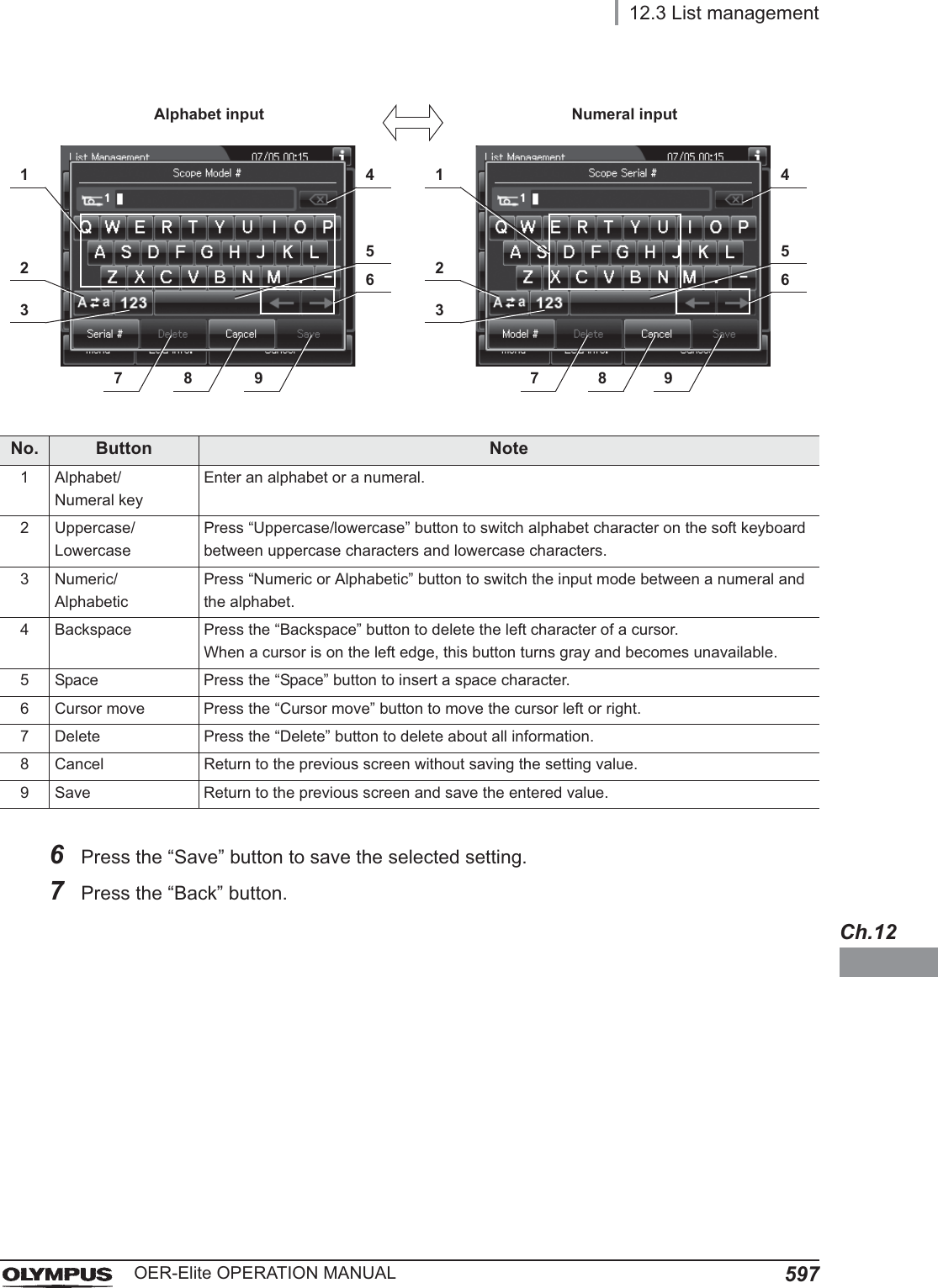 12.3 List management597OER-Elite OPERATION MANUALCh.12No. Button Note1 Alphabet/Numeral keyEnter an alphabet or a numeral.2 Uppercase/LowercasePress “Uppercase/lowercase” button to switch alphabet character on the soft keyboard between uppercase characters and lowercase characters.3 Numeric/AlphabeticPress “Numeric or Alphabetic” button to switch the input mode between a numeral and the alphabet.4 Backspace Press the “Backspace” button to delete the left character of a cursor.When a cursor is on the left edge, this button turns gray and becomes unavailable.5 Space Press the “Space” button to insert a space character.6 Cursor move Press the “Cursor move” button to move the cursor left or right.7 Delete Press the “Delete” button to delete about all information.8 Cancel Return to the previous screen without saving the setting value.9 Save Return to the previous screen and save the entered value.6Press the “Save” button to save the selected setting.7Press the “Back” button.4123568 94123568 9Alphabet input Numeral input7 7