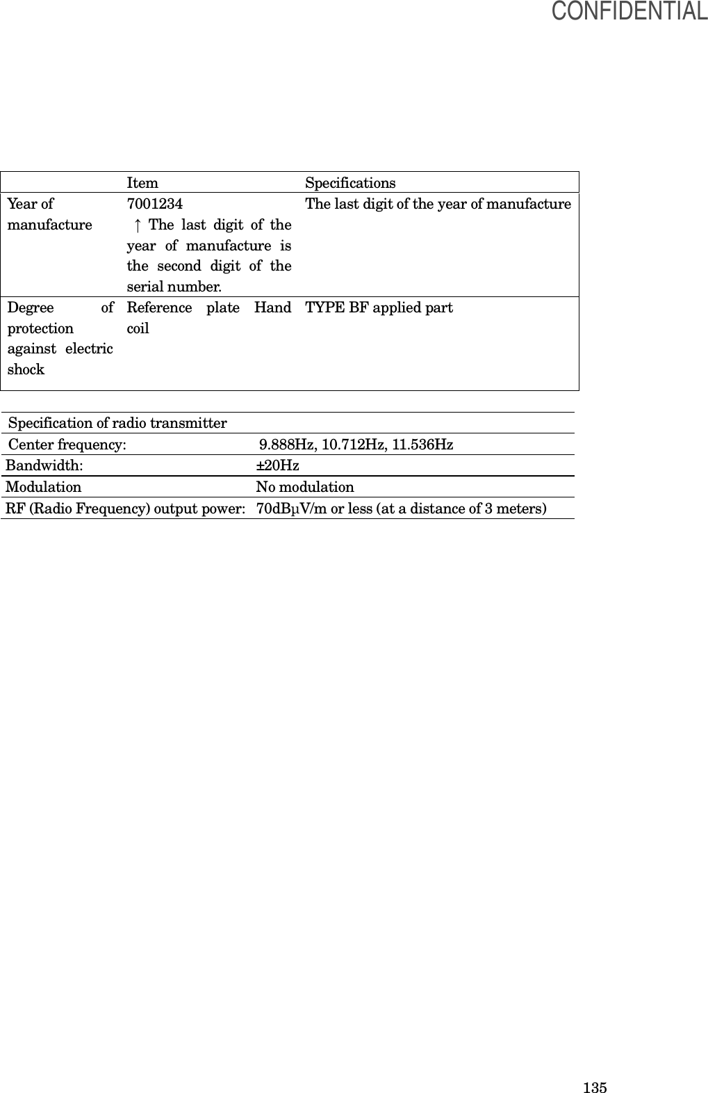  135    Item  Specifications Year of manufacture    7001234  ↑ The  last  digit  of  the year  of  manufacture  is the  second  digit  of  the serial number. The last digit of the year of manufacture Degree  of protection against  electric shock Reference  plate  Hand coil  TYPE BF applied part  Specification of radio transmitter   Center frequency:  9.888Hz, 10.712Hz, 11.536Hz Bandwidth:  ±20Hz Modulation  No modulation RF (Radio Frequency) output power: 70dBμV/m or less (at a distance of 3 meters) CONFIDENTIAL