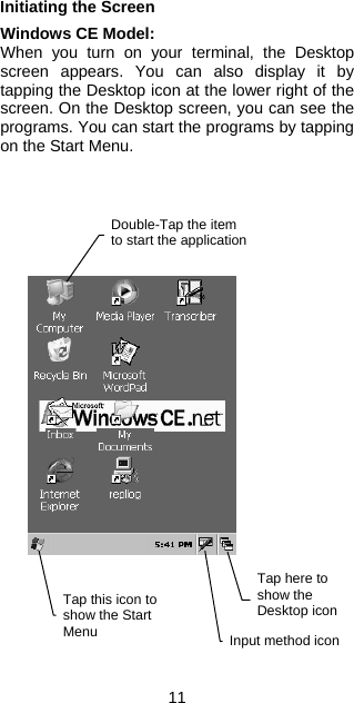 Initiating the Screen  Windows CE Model: When you turn on your terminal, the Desktop screen appears. You can also display it by tapping the Desktop icon at the lower right of the screen. On the Desktop screen, you can see the programs. You can start the programs by tapping on the Start Menu.     Double-Tap the item to start the application Tap this icon to show the Start Menu Input method iconTap here to show the Desktop icon                         11 