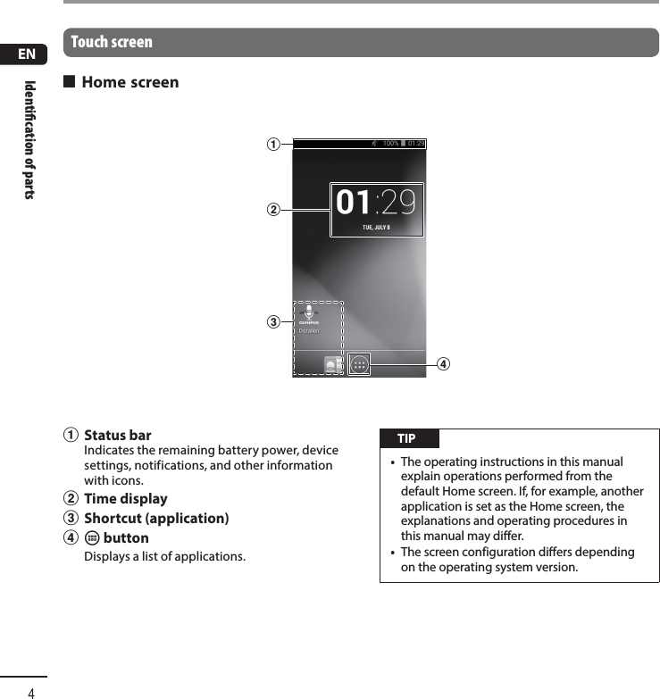 ENIdentiﬁ cation of parts4Identification of partsTouch screen 4 Home screen1  Status barIndicates the remaining battery power, device settings, notifications, and other information with icons.2 Time display3 Shortcut (application)4 a buttonDisplays a list of applications. TIP•  The operating instructions in this manual explain operations performed from the default Home screen. If, for example, another application is set as the Home screen, the explanations and operating procedures in this manual may differ.•  The screen configuration differs depending on the operating system version.1234