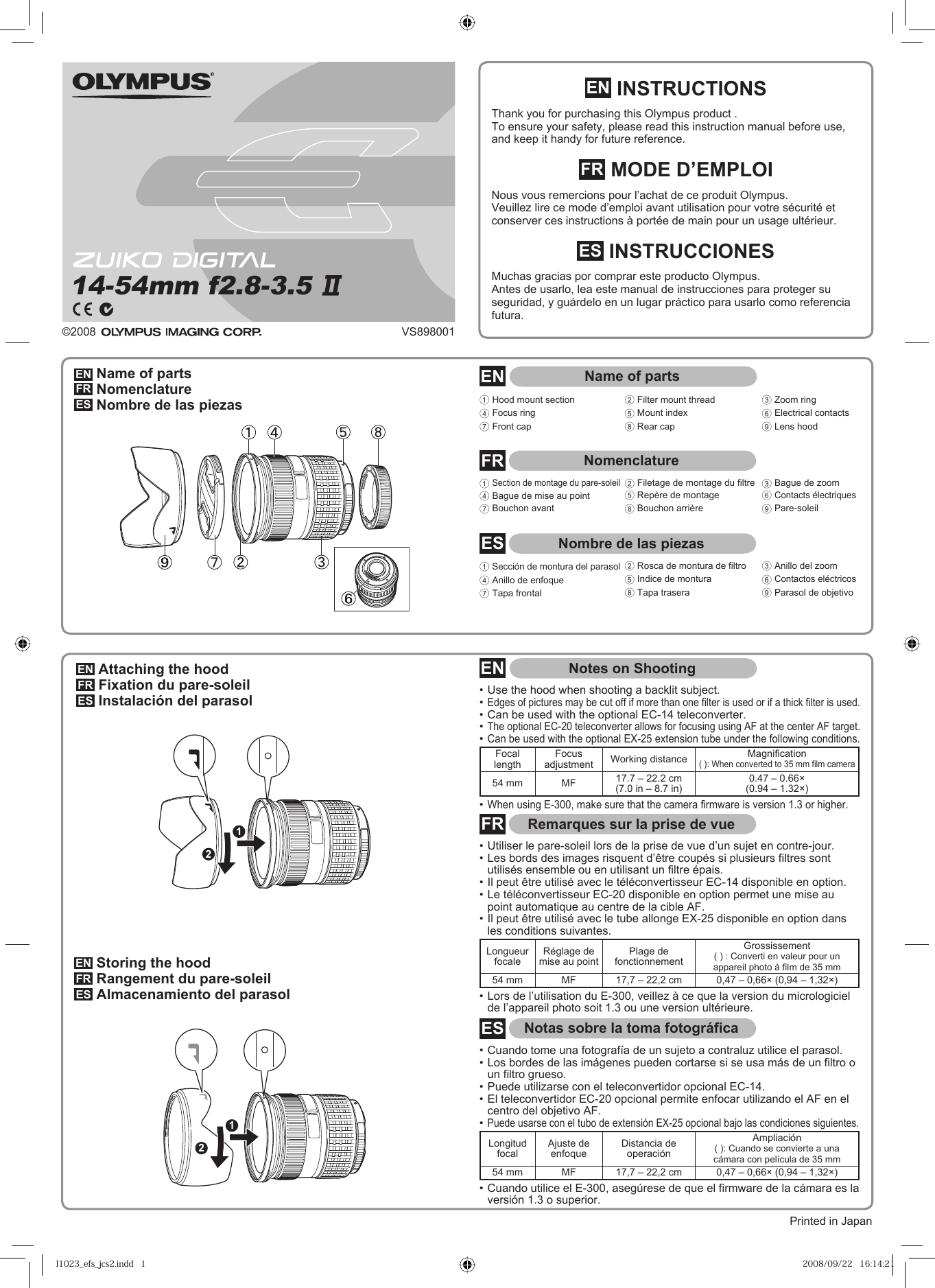 Olympus Users Manual Zuiko Digital 14 54mm F2 8 3 5 Instruction