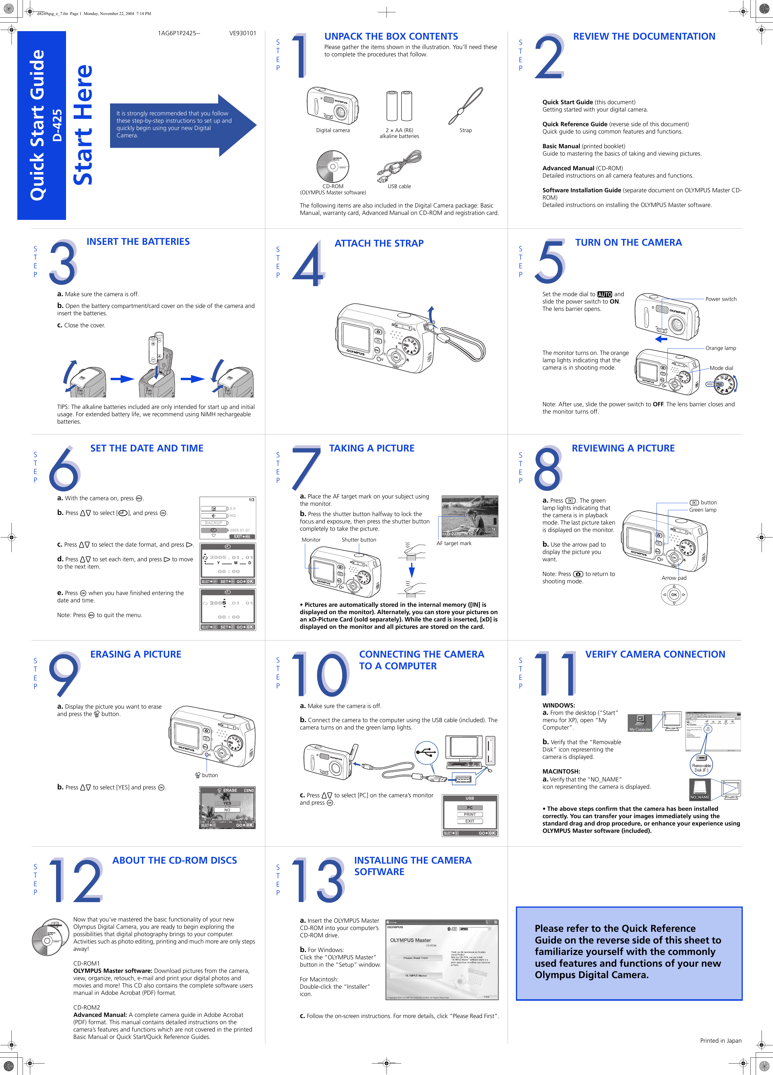 Page 1 of 2 - Olympus Olympus-Camedia-D-425-Quick-Start-Manual-  Olympus-camedia-d-425-quick-start-manual