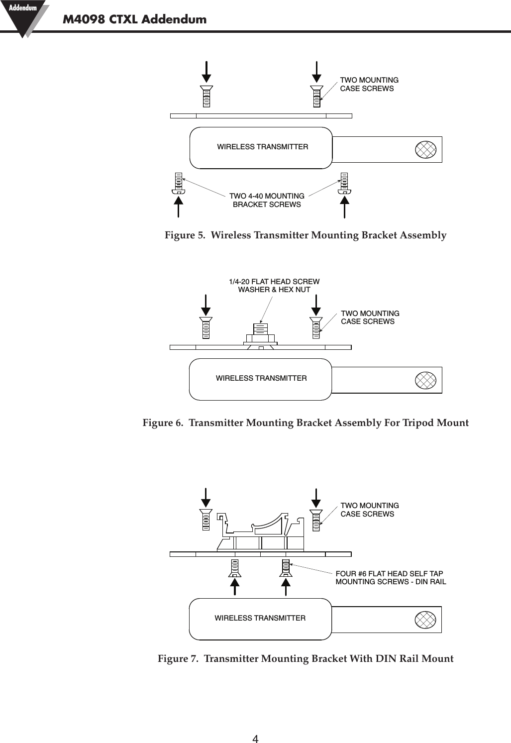 4M4098 CTXL Addendum AddendumFigure 5.  Wireless Transmitter Mounting Bracket AssemblyFigure 6.  Transmitter Mounting Bracket Assembly For Tripod MountFigure 7.  Transmitter Mounting Bracket With DIN Rail MountWIRELESS TRANSMITTERTWO MOUNTINGCASE SCREWSTWO 4-40 MOUNTINGBRACKET SCREWSFOUR #6 FLAT HEAD SELF TAPMOUNTING SCREWS - DIN RAILTWO MOUNTINGCASE SCREWSWIRELESS TRANSMITTER1/4-20 FLAT HEAD SCREWWASHER &amp; HEX NUTTWO MOUNTINGCASE SCREWSWIRELESS TRANSMITTER