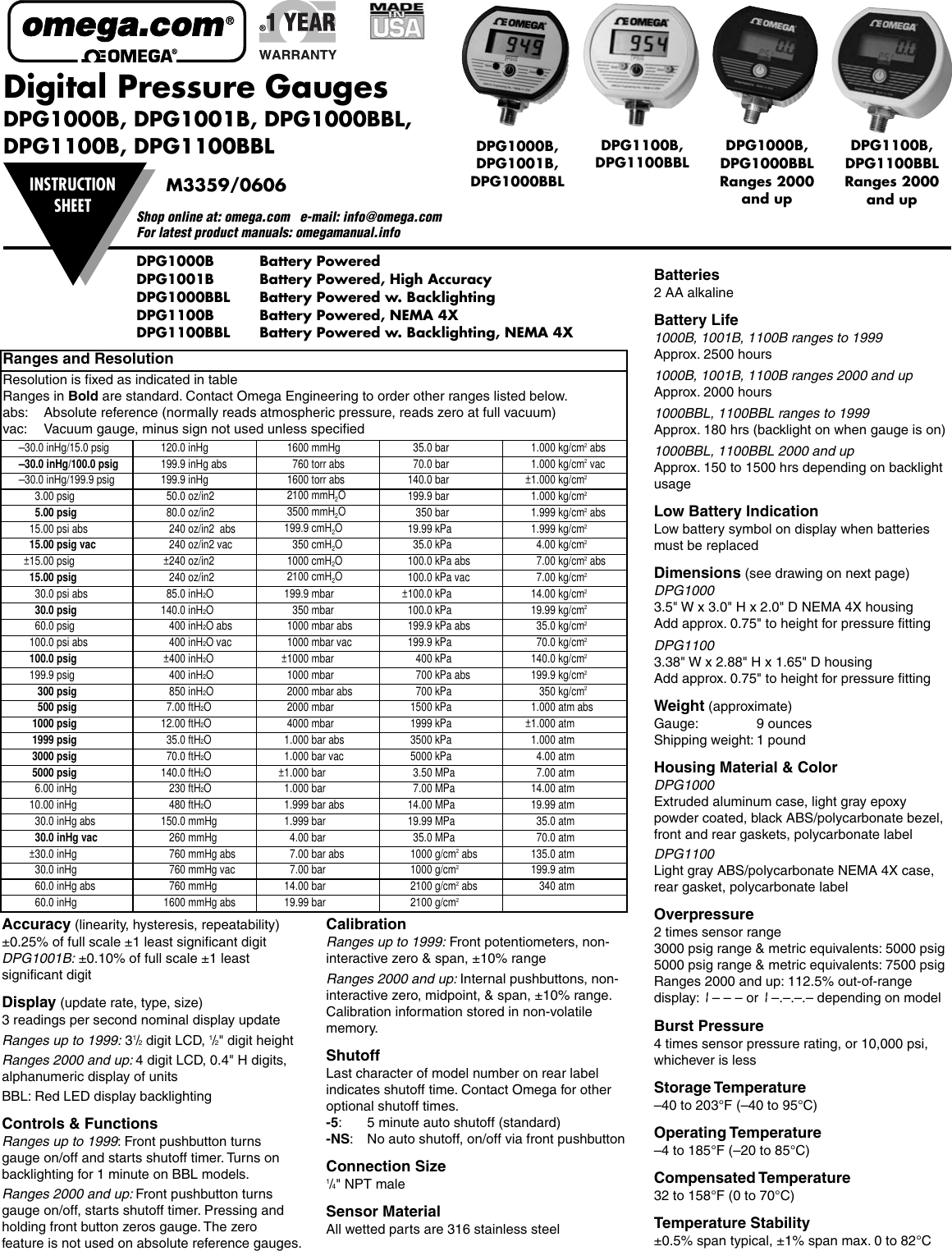 Omega Engineering Dpg1000B Users Manual 1000B 1100B 0606.qxp