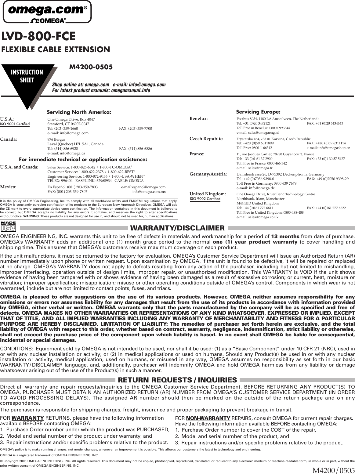 Page 1 of 2 - Omega-Engineering Omega-Engineering-Flexible-Cable-Extension-Lvd-800-Fce-Users-Manual-  Omega-engineering-flexible-cable-extension-lvd-800-fce-users-manual