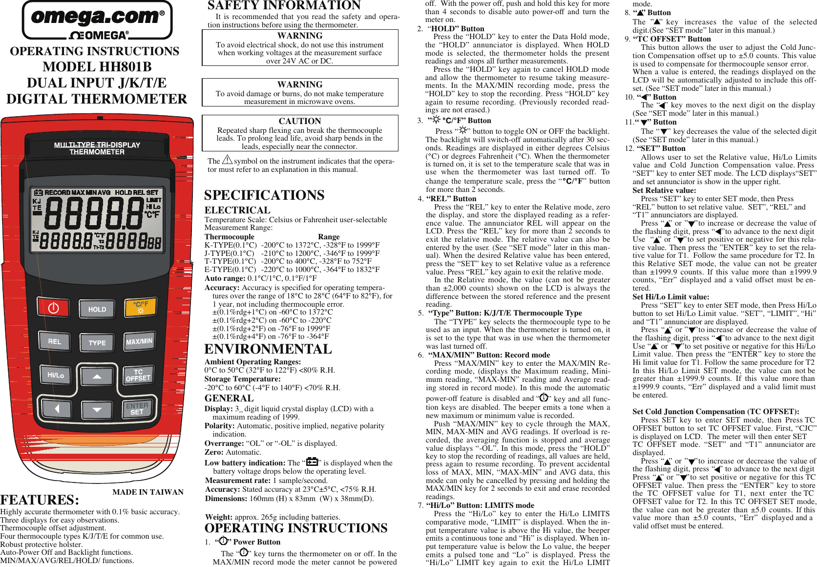 Page 1 of 2 - Omega-Engineering Omega-Engineering-Hh801B-Users-Manual- Digital Thermometer HH801B  Omega-engineering-hh801b-users-manual