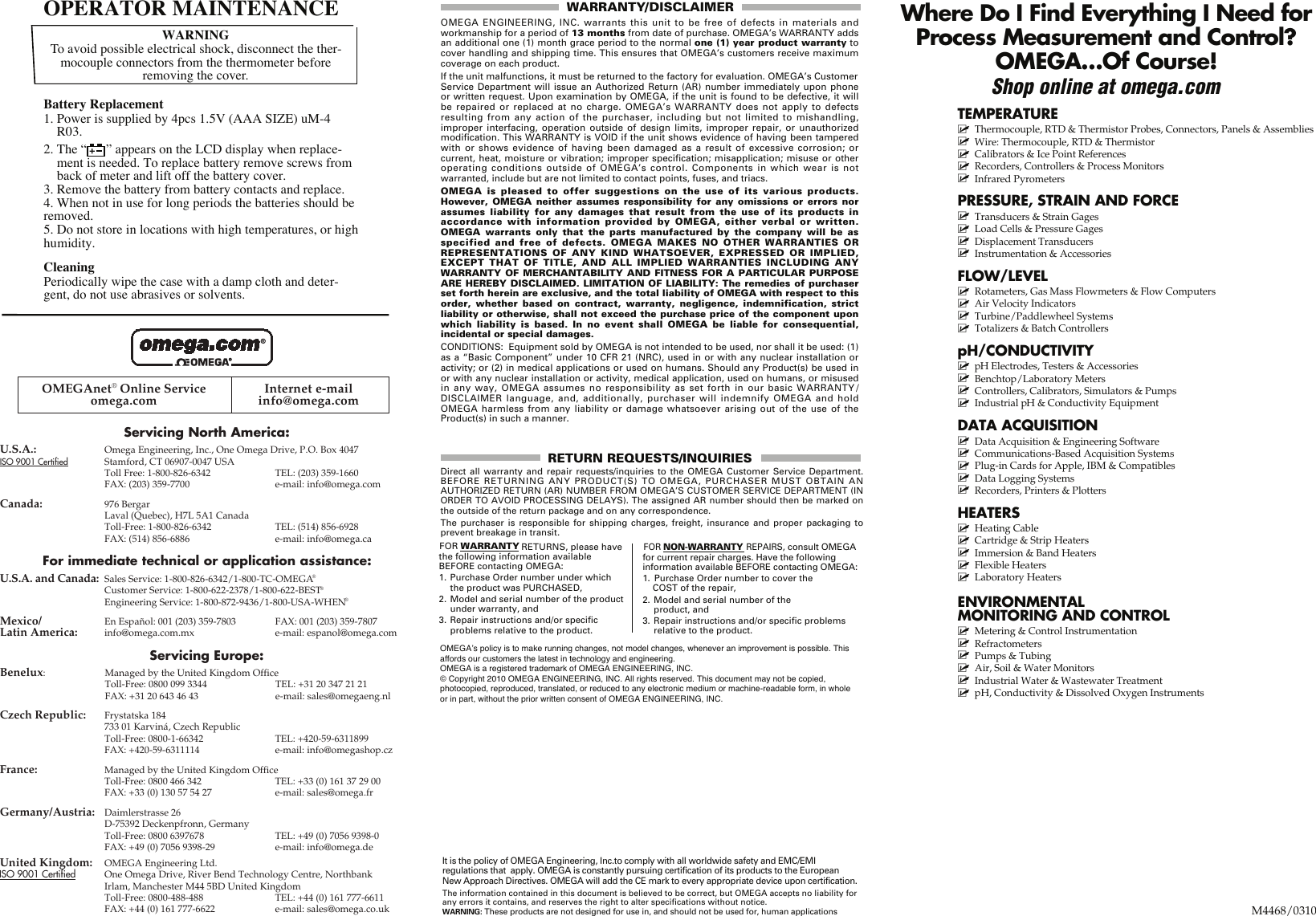 Page 2 of 2 - Omega-Engineering Omega-Engineering-Hh801B-Users-Manual- Digital Thermometer HH801B  Omega-engineering-hh801b-users-manual