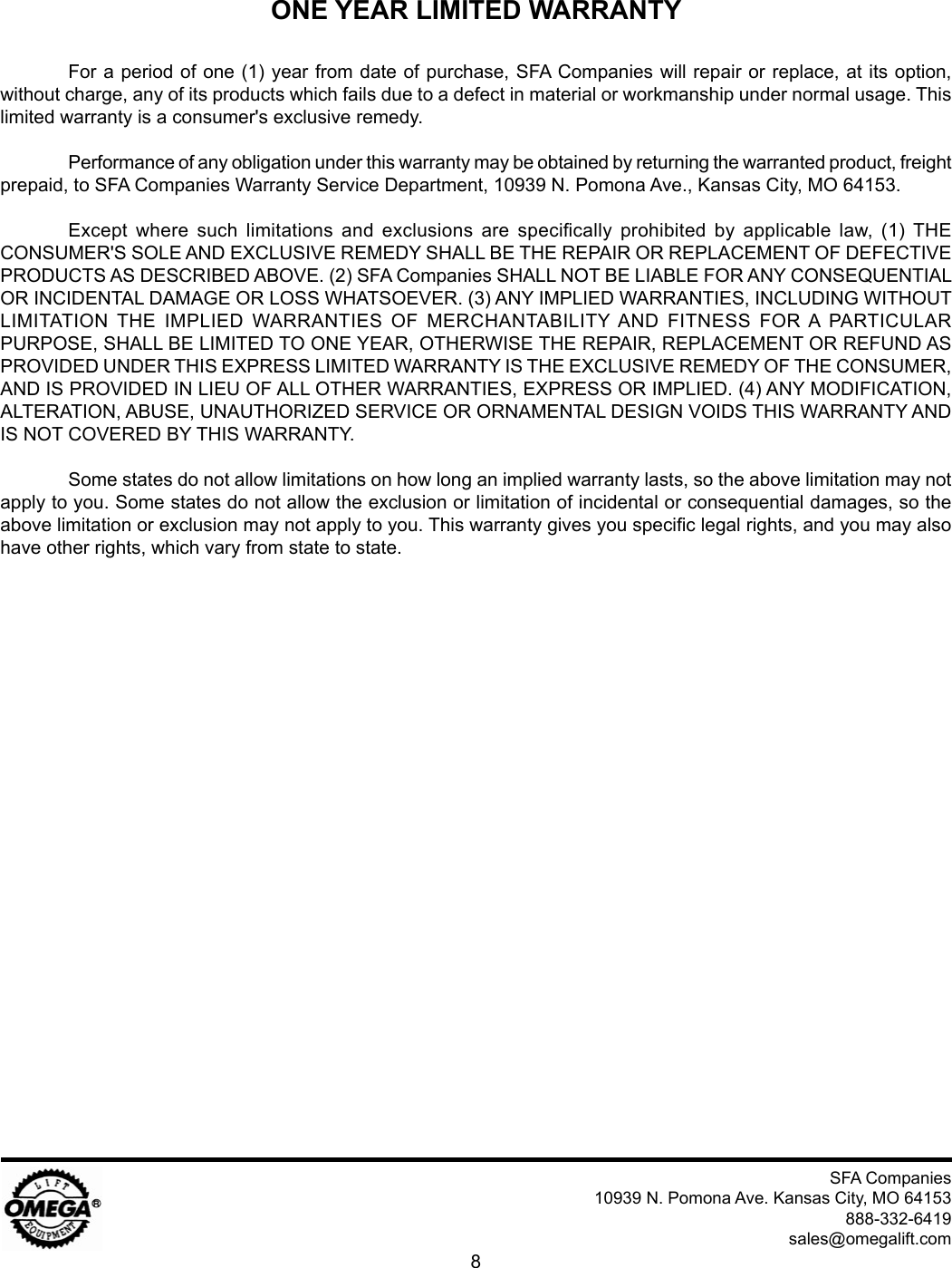 Page 8 of 8 - Omega-Lift Omega-Lift-40500-Users-Manual- 40500-M0  Omega-lift-40500-users-manual