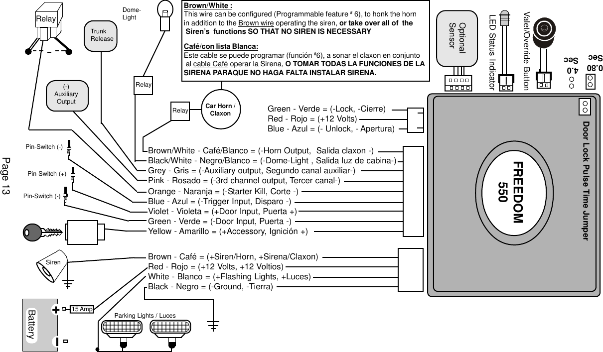 Brown/White :This wire can be configured (Programmable feature # 6), to honk the hornin addition to the Brown wire operating the siren, or take over all of  the Siren&rsquo;s  functions SO THAT NO SIREN IS NECESSARYCaf&eacute;/con lista Blanca:Este cable se puede programar (funci&oacute;n #6), a sonar el claxon en conjunto al cable Caf&eacute; operar la Sirena, O TOMAR TODAS LA FUNCIONES DE LASIRENA PARAQUE NO HAGA FALTA INSTALAR SIRENA.Brown/White - Caf&eacute;/Blanco = (-Horn Output,  Salida claxon -)Black/White - Negro/Blanco = (-Dome-Light , Salida luz de cabina-)Grey - Gris = (-Auxiliary output, Segundo canal auxiliar-)Pink - Rosado = (-3rd channel output, Tercer canal-)Orange - Naranja = (-Starter Kill, Corte -)Blue - Azul = (-Trigger Input, Disparo -)Violet - Violeta = (+Door Input, Puerta +)Green - Verde = (-Door Input, Puerta -)Yellow - Amarillo = (+Accessory, Ignici&oacute;n +)Brown - Caf&eacute; = (+Siren/Horn, +Sirena/Claxon)Red - Rojo = (+12 Volts, +12 Voltios)White - Blanco = (+Flashing Lights, +Luces)Black - Negro = (-Ground, -Tierra)Valet/Override Button0.80Sec4.0SecDoor Lock Pulse Time JumperLED Status IndicatorOptionalSensorFREEDOM550Green - Verde = (-Lock, -Cierre)Red - Rojo = (+12 Volts)Blue - Azul = (- Unlock, - Apertura)Siren   Pin-Switch (-)   Pin-Switch (-)Battery   Pin-Switch (+)15 Amp+      Parking Lights / LucesRelayTrunkReleaseRelayRelay Car Horn /ClaxonDome-Light(-)AuxiliaryOutputPage 13