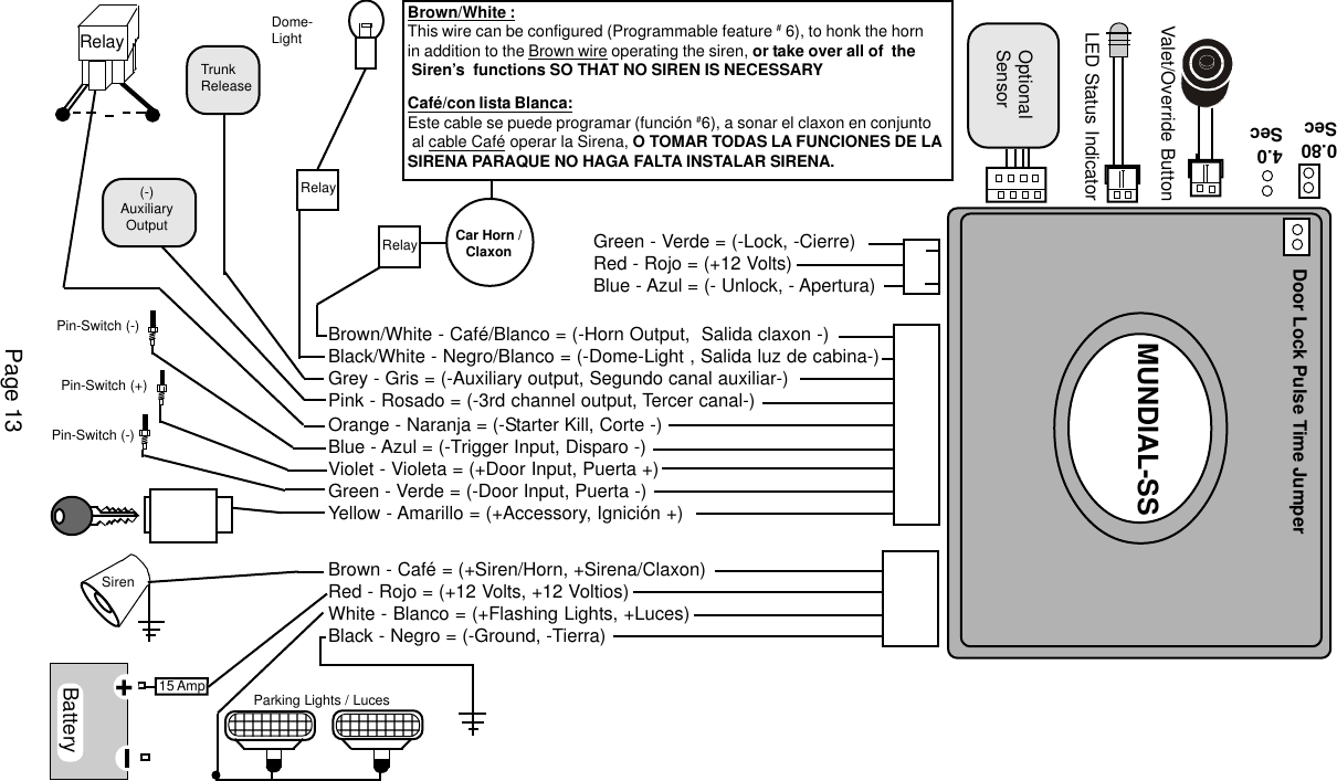Brown/White :This wire can be configured (Programmable feature # 6), to honk the hornin addition to the Brown wire operating the siren, or take over all of  the Siren&rsquo;s  functions SO THAT NO SIREN IS NECESSARYCaf&eacute;/con lista Blanca:Este cable se puede programar (funci&oacute;n #6), a sonar el claxon en conjunto al cable Caf&eacute; operar la Sirena, O TOMAR TODAS LA FUNCIONES DE LASIRENA PARAQUE NO HAGA FALTA INSTALAR SIRENA.Brown/White - Caf&eacute;/Blanco = (-Horn Output,  Salida claxon -)Black/White - Negro/Blanco = (-Dome-Light , Salida luz de cabina-)Grey - Gris = (-Auxiliary output, Segundo canal auxiliar-)Pink - Rosado = (-3rd channel output, Tercer canal-)Orange - Naranja = (-Starter Kill, Corte -)Blue - Azul = (-Trigger Input, Disparo -)Violet - Violeta = (+Door Input, Puerta +)Green - Verde = (-Door Input, Puerta -)Yellow - Amarillo = (+Accessory, Ignici&oacute;n +)Brown - Caf&eacute; = (+Siren/Horn, +Sirena/Claxon)Red - Rojo = (+12 Volts, +12 Voltios)White - Blanco = (+Flashing Lights, +Luces)Black - Negro = (-Ground, -Tierra)Valet/Override Button0.80Sec4.0SecDoor Lock Pulse Time JumperLED Status IndicatorOptionalSensor MUNDIAL-SSGreen - Verde = (-Lock, -Cierre)Red - Rojo = (+12 Volts)Blue - Azul = (- Unlock, - Apertura)Siren   Pin-Switch (-)   Pin-Switch (-)Battery   Pin-Switch (+)15 Amp+      Parking Lights / LucesRelayTrunkReleaseRelayRelay Car Horn /ClaxonDome-Light(-)AuxiliaryOutputPage 13