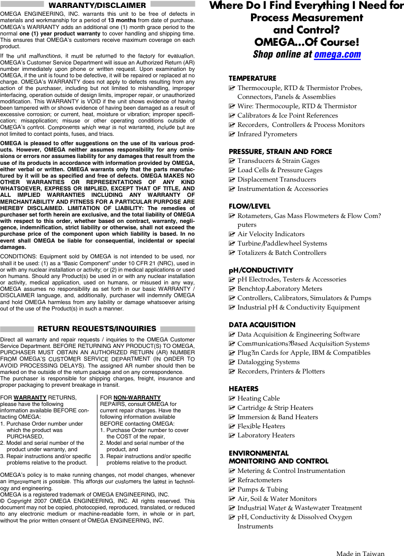 Page 2 of 2 - Omega-Speaker-Systems Omega-Speaker-Systems-Hh11B-Users-Manual- Digital Thermometer  Omega-speaker-systems-hh11b-users-manual