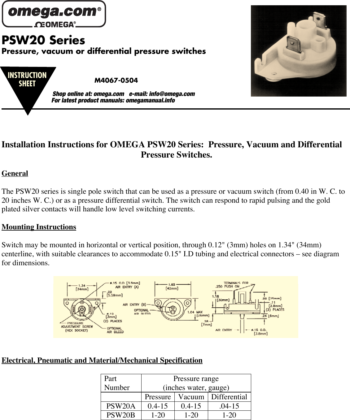Page 1 of 4 - Omega Omega-Psw20-Users-Manual M4067-0504-PSW20