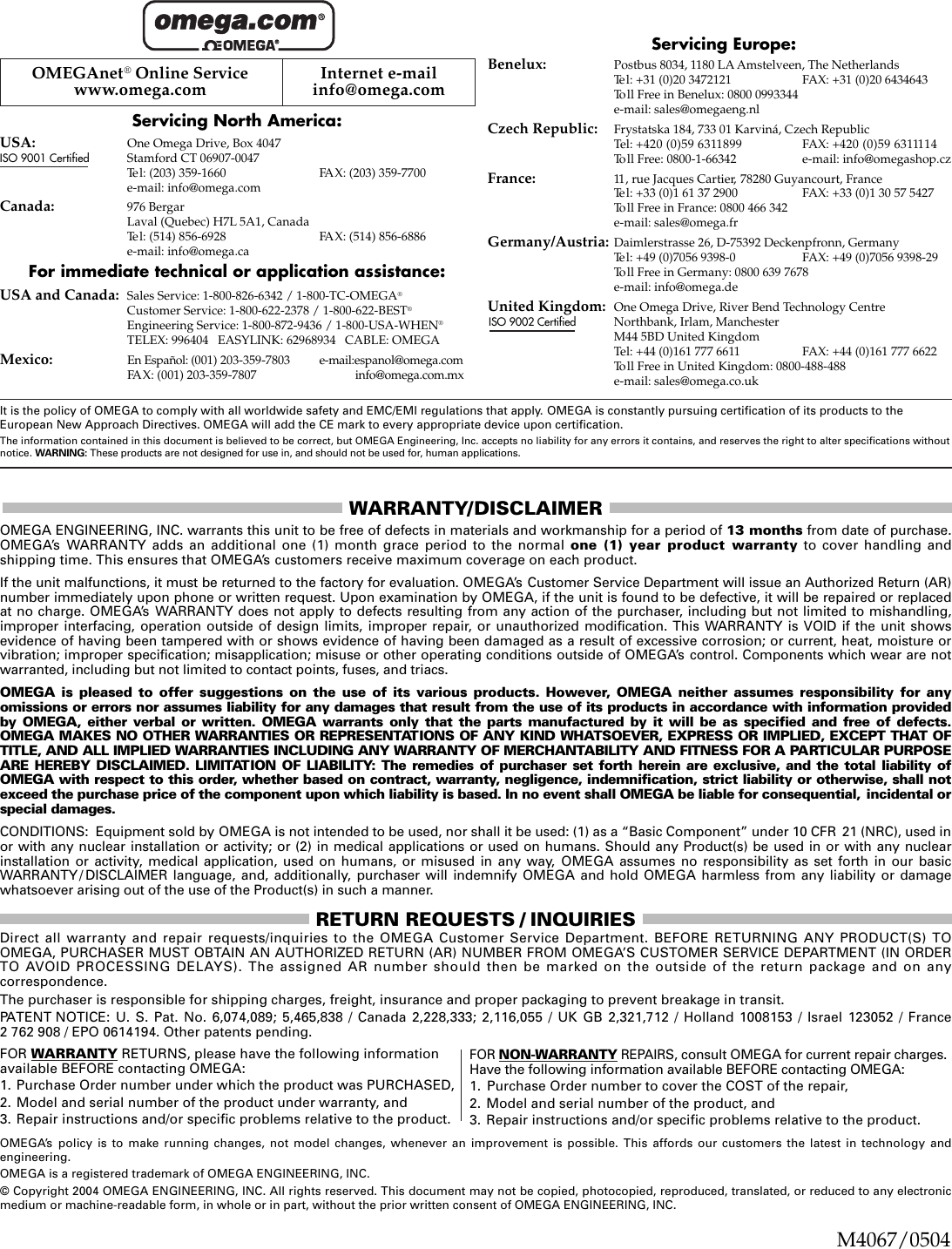 Page 4 of 4 - Omega Omega-Psw20-Users-Manual M4067-0504-PSW20