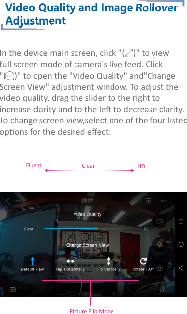 Video Qualityand ImageRolloverAdjustmentIn the device main screen, click &quot;(    )&quot; to viewfull screen mode of camera&apos;s live feed. Click&quot;(    )&quot; to open the &quot;Video Quality&quot; and&quot;Change Screen View&quot; adjustment window. To adjust the video quality, drag the slider to the right to increase clarity and to the le to decrease clarity. To change screen view,select one of the four listed opons for the desired eﬀect.FluentPicture Flip ModeClear HD