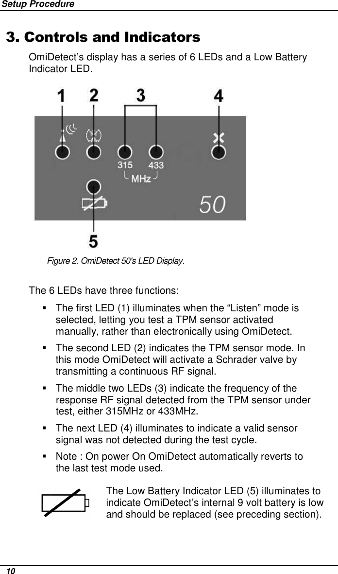 Setup Procedure   10 3. Controls and Indicators OmiDetect’s display has a series of 6 LEDs and a Low Battery Indicator LED.            Figure 2. OmiDetect 50&apos;s LED Display. The 6 LEDs have three functions:     The first LED (1) illuminates when the “Listen” mode is selected, letting you test a TPM sensor activated manually, rather than electronically using OmiDetect.   The second LED (2) indicates the TPM sensor mode. In this mode OmiDetect will activate a Schrader valve by transmitting a continuous RF signal.   The middle two LEDs (3) indicate the frequency of the response RF signal detected from the TPM sensor under test, either 315MHz or 433MHz.   The next LED (4) illuminates to indicate a valid sensor signal was not detected during the test cycle.    Note : On power On OmiDetect automatically reverts to the last test mode used. The Low Battery Indicator LED (5) illuminates to indicate OmiDetect’s internal 9 volt battery is low and should be replaced (see preceding section).  