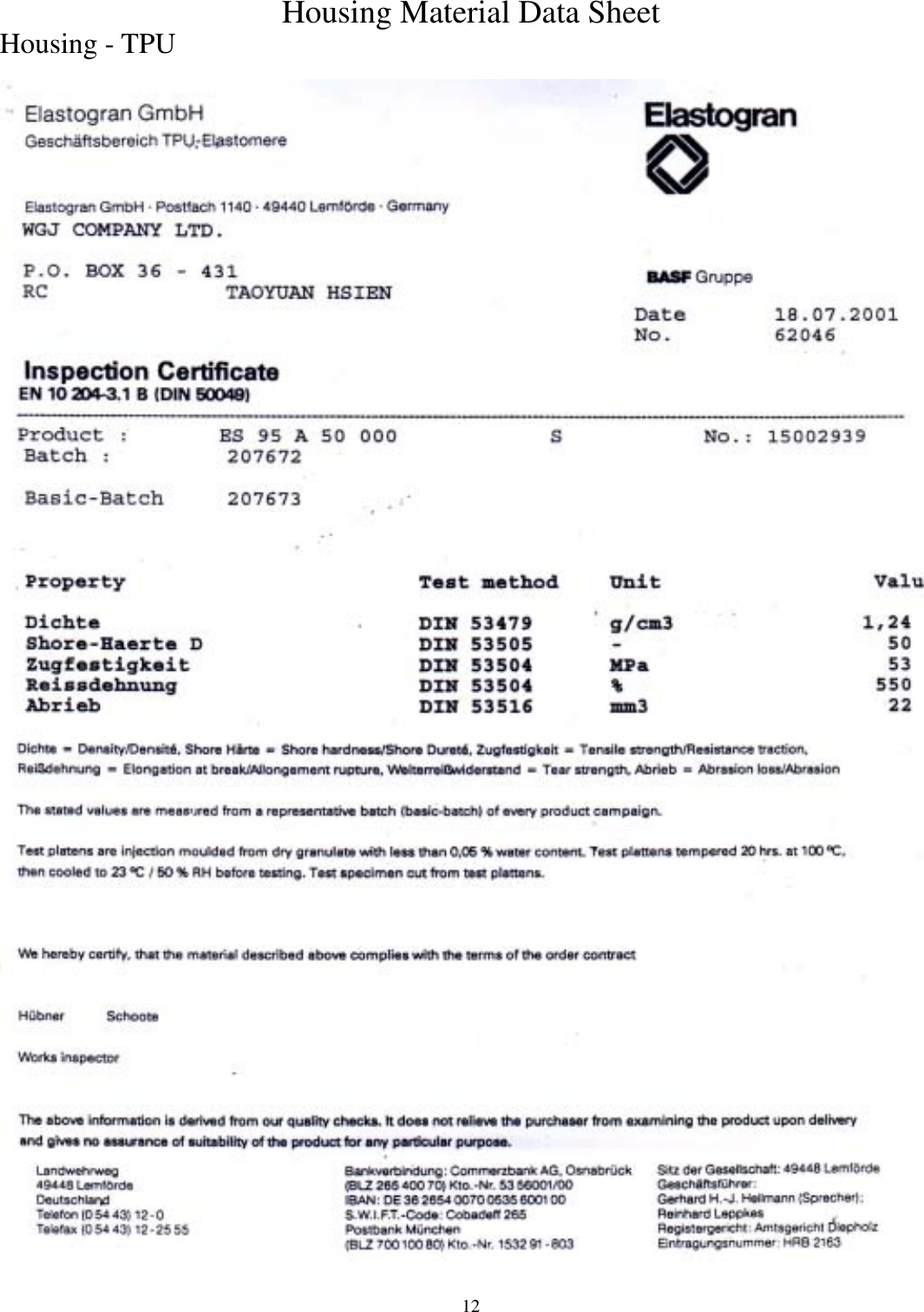  12Housing Material Data Sheet Housing - TPU         