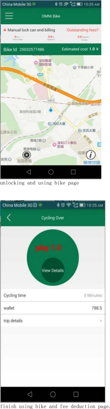 unlocking and using bike page  finish using bike and fee deduction page. 