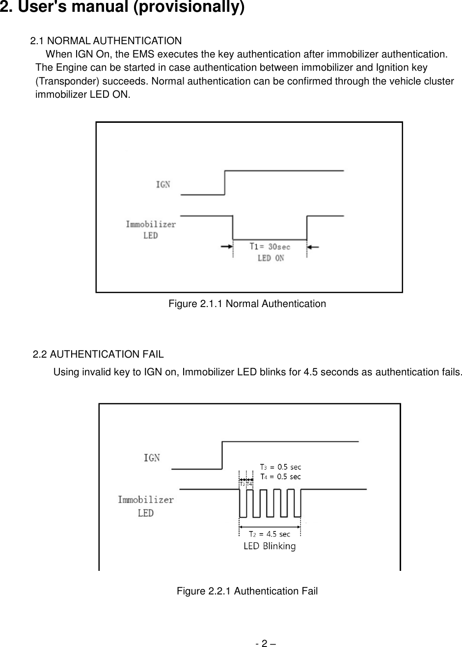 2. User&apos;s manual (provisionally)2.1 NORMAL AUTHENTICATION When IGN On, the EMS executes the key authentication after immobilizer authentication. The Engine can be started in case authentication between immobilizer and Ignition key (Transponder) succeeds. Normal authentication can be confirmed through the vehicle cluster immobilizer LED ON. Figure 2.1.1 Normal Authentication 2.2 AUTHENTICATION FAIL Using invalid key to IGN on, Immobilizer LED blinks for 4.5 seconds as authentication fails. Figure 2.2.1 Authentication Fail  - 2 – 