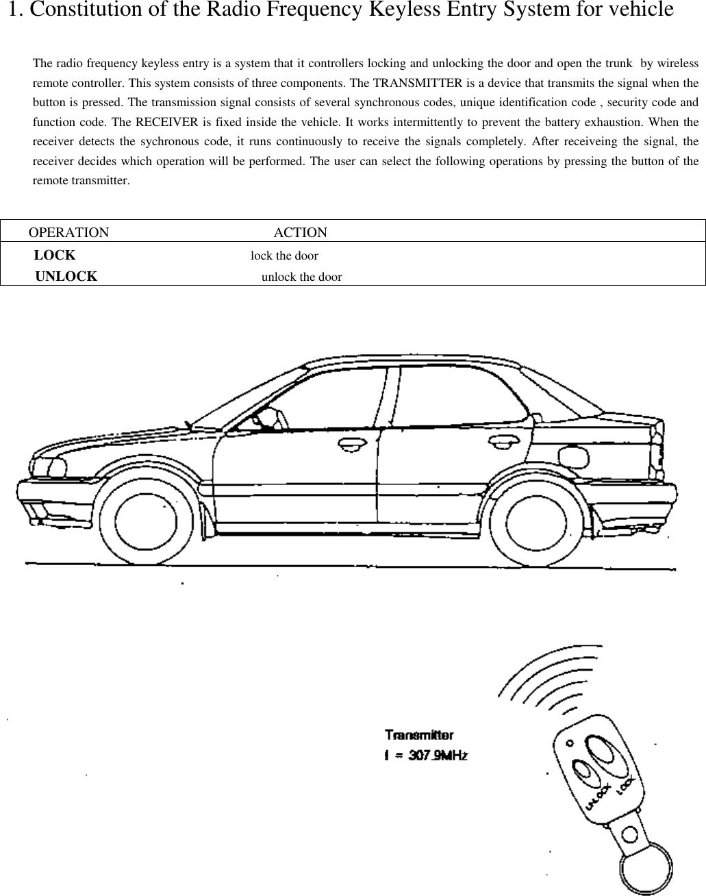 1. Constitution of the Radio Frequency Keyless Entry System for vehicleThe radio frequency keyless entry is a system that it controllers locking and unlocking the door and open the trunk  by wirelessremote controller. This system consists of three components. The TRANSMITTER is a device that transmits the signal when thebutton is pressed. The transmission signal consists of several synchronous codes, unique identification code , security code andfunction code. The RECEIVER is fixed inside the vehicle. It works intermittently to prevent the battery exhaustion. When thereceiver detects the sychronous code, it runs continuously to receive the signals completely. After receiveing the signal, thereceiver decides which operation will be performed. The user can select the following operations by pressing the button of theremote transmitter.      OPERATION                                              ACTION        LOCK                                                      lock the door        UNLOCK                                                   unlock the door