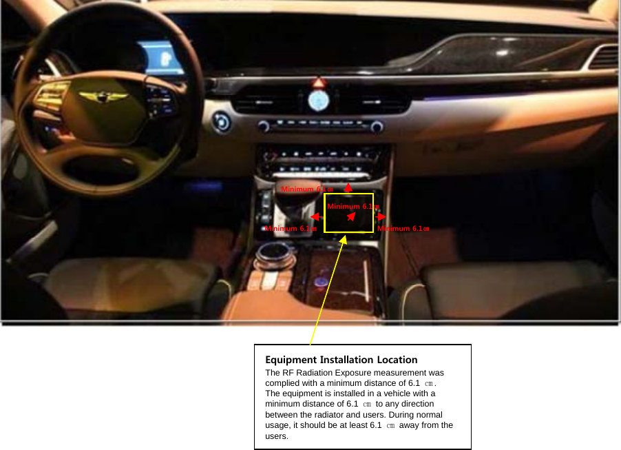  Equipment Installation Location The RF Radiation Exposure measurement was complied with a minimum distance of 6.1  ㎝. The equipment is installed in a vehicle with a minimum distance of 6.1  ㎝ to any direction between the radiator and users. During normal usage, it should be at least 6.1  ㎝ away from the users. Minimum 6.1㎝ Minimum 6.1㎝ Minimum 6.1㎝ Minimum 6.1㎝ 