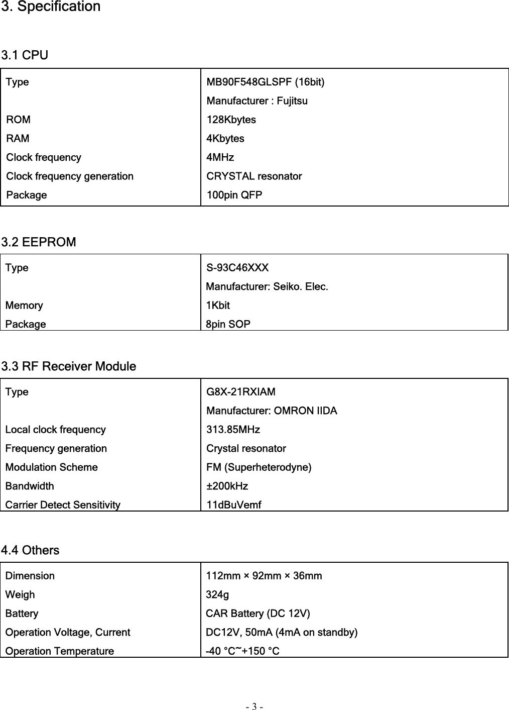 - 3 - 3. Specification   3.1 CPU   3.2 EEPROM Type  Memory Package S-93C46XXX Manufacturer: Seiko. Elec. 1Kbit 8pin SOP   3.3 RF Receiver Module Type  Local clock frequency Frequency generation Modulation Scheme Bandwidth Carrier Detect Sensitivity G8X-21RXIAM Manufacturer: OMRON IIDA 313.85MHz Crystal resonator FM (Superheterodyne) ±200kHz 11dBuVemf   4.4 Others   Dimension Weigh Battery Operation Voltage, Current Operation Temperature 112mm × 92mm × 36mm 324g CAR Battery (DC 12V) DC12V, 50mA (4mA on standby) -40 °C~+150 °C  Type    ROM  RAM  Clock frequency   Clock frequency generation  Package  MB90F548GLSPF (16bit)  Manufacturer : Fujitsu  128Kbytes  4Kbytes  4MHz  CRYSTAL resonator  100pin QFP 