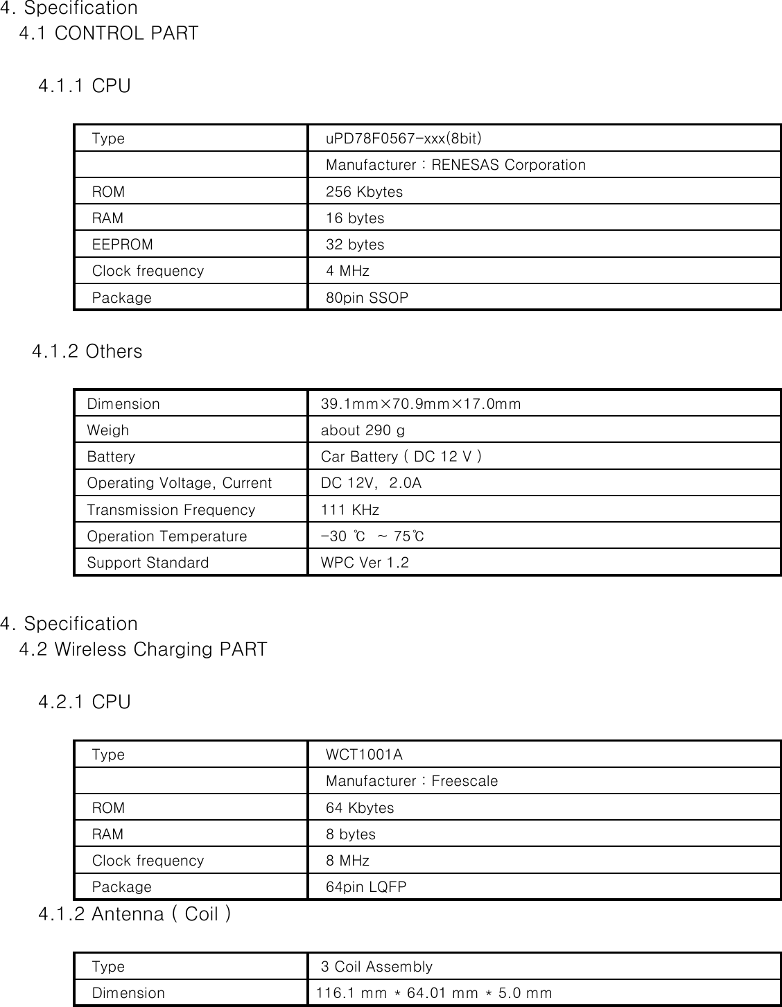 4. Specification 4.1 CONTROL PART   4.1.1 CPU Type   uPD78F0567-xxx(8bit) Manufacturer : RENESAS Corporation ROM  256 Kbytes RAM  16 bytes EEPROM  32 bytes Clock frequency  4 MHz  Package  80pin SSOP 4.1.2 Others Dimension  39.1mm×70.9mm×17.0mm Weigh  about 290 g Battery  Car Battery ( DC 12 V ) Operating Voltage, Current  DC 12V,  2.0A Transmission Frequency  111 KHz  Operation Temperature  -30 ℃  ~ 75℃   Support Standard   WPC Ver 1.24. Specification 4.2 Wireless Charging PART   4.2.1 CPU Type   WCT1001A  Manufacturer : Freescale   ROM  64 Kbytes RAM  8 bytes Clock frequency  8 MHz  Package  64pin LQFP   4.1.2 Antenna ( Coil ) Type   3 Coil Assembly   Dimension   116.1 mm * 64.01 mm * 5.0 mm