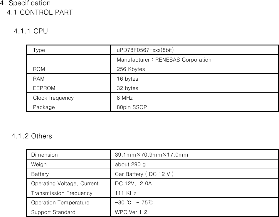 4. Specification   4.1 CONTROL PART       4.1.1 CPU   Type     uPD78F0567-xxx(8bit)   Manufacturer : RENESAS Corporation   ROM    256 Kbytes   RAM    16 bytes   EEPROM    32 bytes   Clock frequency    8 MHz    Package    80pin SSOP     4.1.2 Others  Dimension   39.1mm×70.9mm×17.0mm  Weigh   about 290 g  Battery   Car Battery ( DC 12 V )  Operating Voltage, Current   DC 12V,  2.0A  Transmission Frequency   111 KHz   Operation Temperature   -30 ℃  ~ 75℃    Support Standard    WPC Ver 1.2