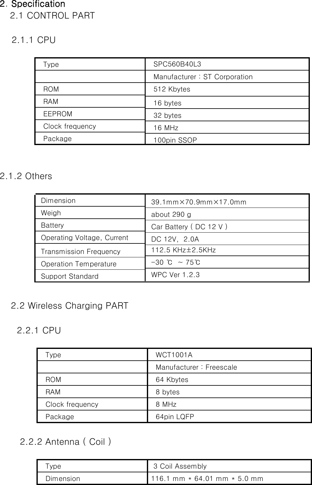 2.Specification   2.1 CONTROL PART 2.1.1 CPU Type  Manufacturer : ST Corporation ROM  512 Kbytes RAM  16 bytes EEPROM  32 bytes Clock frequency  16 MHz  Package  100pin SSOP     2.1.2 Others Dimension  39.1mm×70.9mm×17.0mm Weigh  about 290 g Battery  Car Battery ( DC 12 V ) Operating Voltage, Current  DC 12V,  2.0A Transmission Frequency  112.5 KHz±2.5KHz  Operation Temperature  -30 ℃  ~ 75℃  Support Standard   WPC Ver 1.2.3 SPC560B40L3   2.2 Wireless Charging PART 2.2.1 CPU Type   WCT1001A  Manufacturer : Freescale  ROM  64 Kbytes RAM  8 bytes Clock frequency  8 MHz  Package  64pin LQFP  2.2.2 Antenna ( Coil ) Type   3 Coil Assembly  Dimension   116.1 mm * 64.01 mm * 5.0 mm