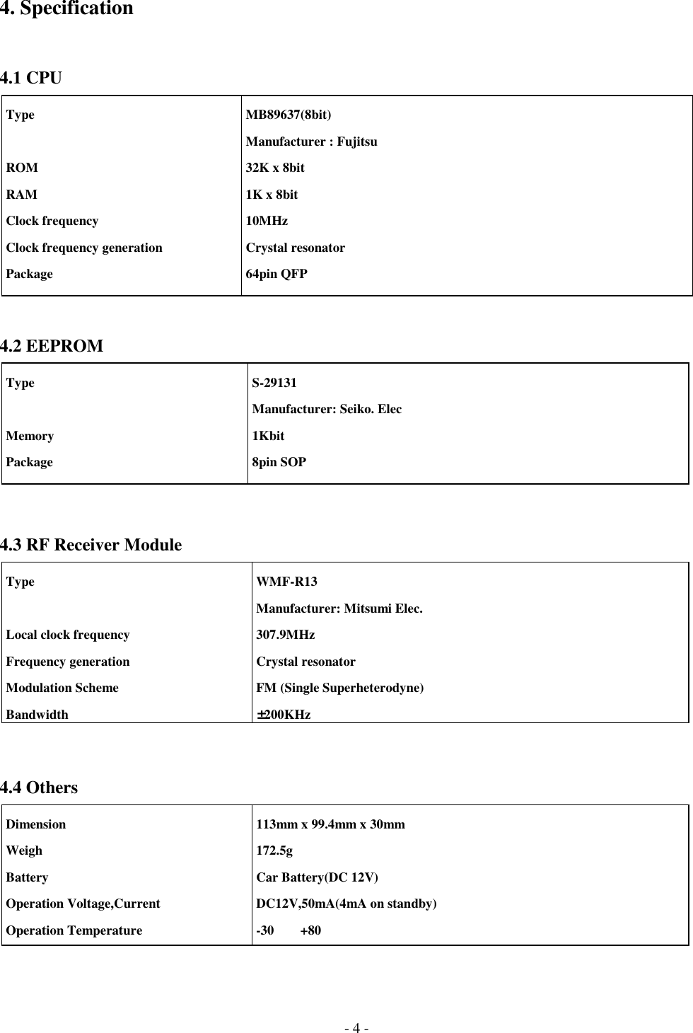 - 4 -4. Specification4.1 CPU4.2 EEPROM4.3 RF Receiver Module4.4 Others Type ROM RAM Clock frequency Clock frequency generation Package MB89637(8bit) Manufacturer : Fujitsu 32K x 8bit 1K x 8bit 10MHz Crystal resonator 64pin QFP Type Memory Package S-29131 Manufacturer: Seiko. Elec 1Kbit 8pin SOP Type Local clock frequency Frequency generation Modulation Scheme Bandwidth WMF-R13 Manufacturer: Mitsumi Elec. 307.9MHz Crystal resonator FM (Single Superheterodyne) ±200KHz Dimension Weigh Battery Operation Voltage,Current Operation Temperature 113mm x 99.4mm x 30mm 172.5g Car Battery(DC 12V) DC12V,50mA(4mA on standby) -30+80