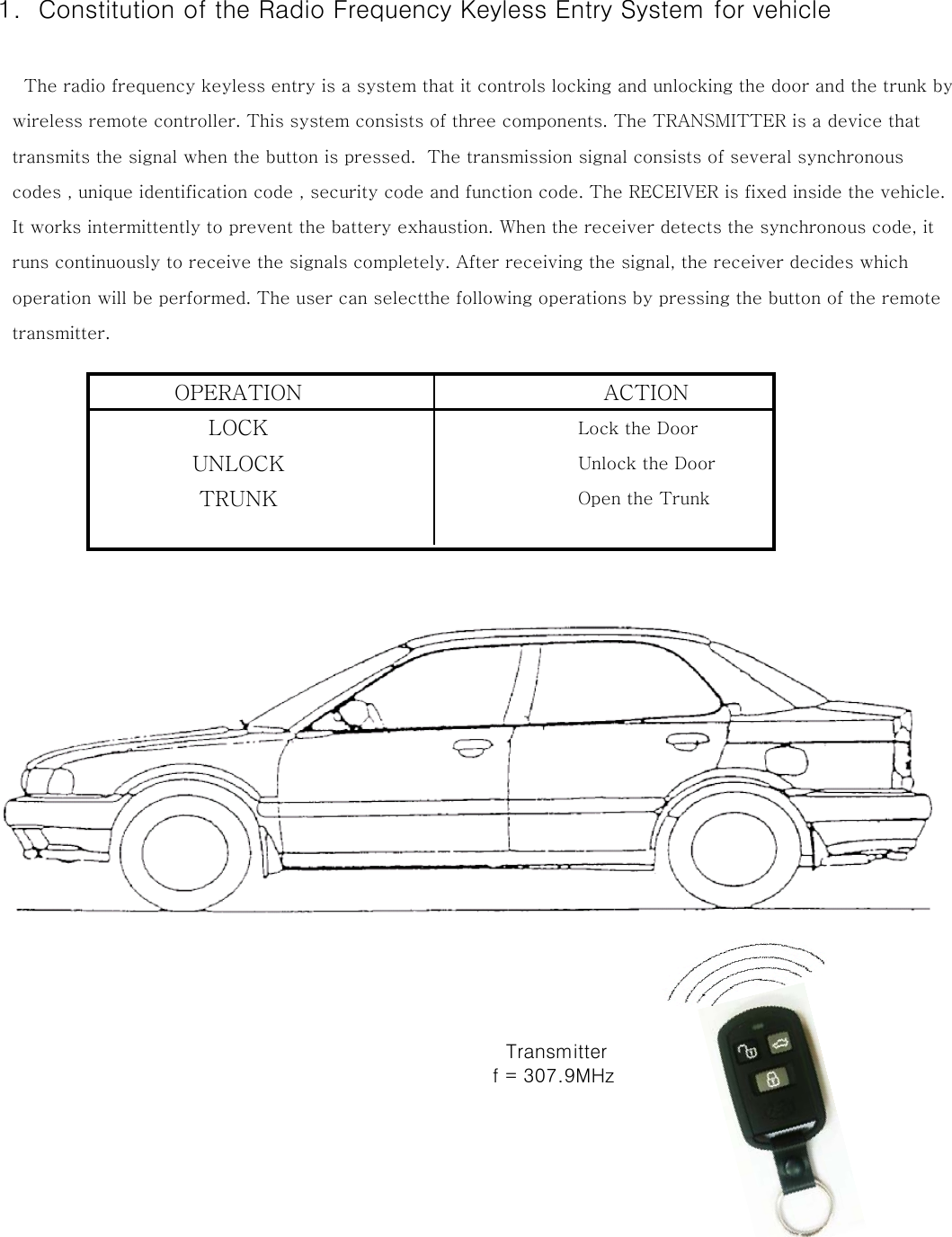  1.  Constitution of the Radio Frequency Keyless Entry System for vehicle      The radio frequency keyless entry is a system that it controls locking and unlocking the door and the trunk by    wireless remote controller. This system consists of three components. The TRANSMITTER is a device that     transmits the signal when the button is pressed.  The transmission signal consists of several synchronous     codes , unique identification code , security code and function code. The RECEIVER is fixed inside the vehicle.    It works intermittently to prevent the battery exhaustion. When the receiver detects the synchronous code, it     runs continuously to receive the signals completely. After receiving the signal, the receiver decides which    operation will be performed. The user can selectthe following operations by pressing the button of the remote    transmitter.OPERATION       ACTIONLOCK Lock the DoorUNLOCK Unlock the DoorTRUNK Open the Trunk        Transmitter        f = 307.9MHz 